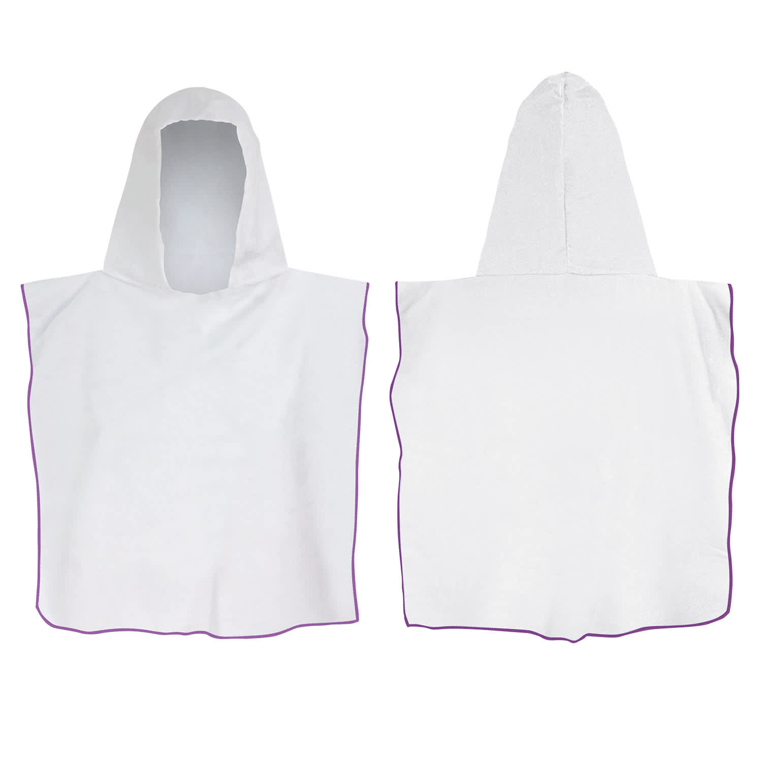 A white kids hooded towel with a purple trim, featuring a large hood for added warmth.