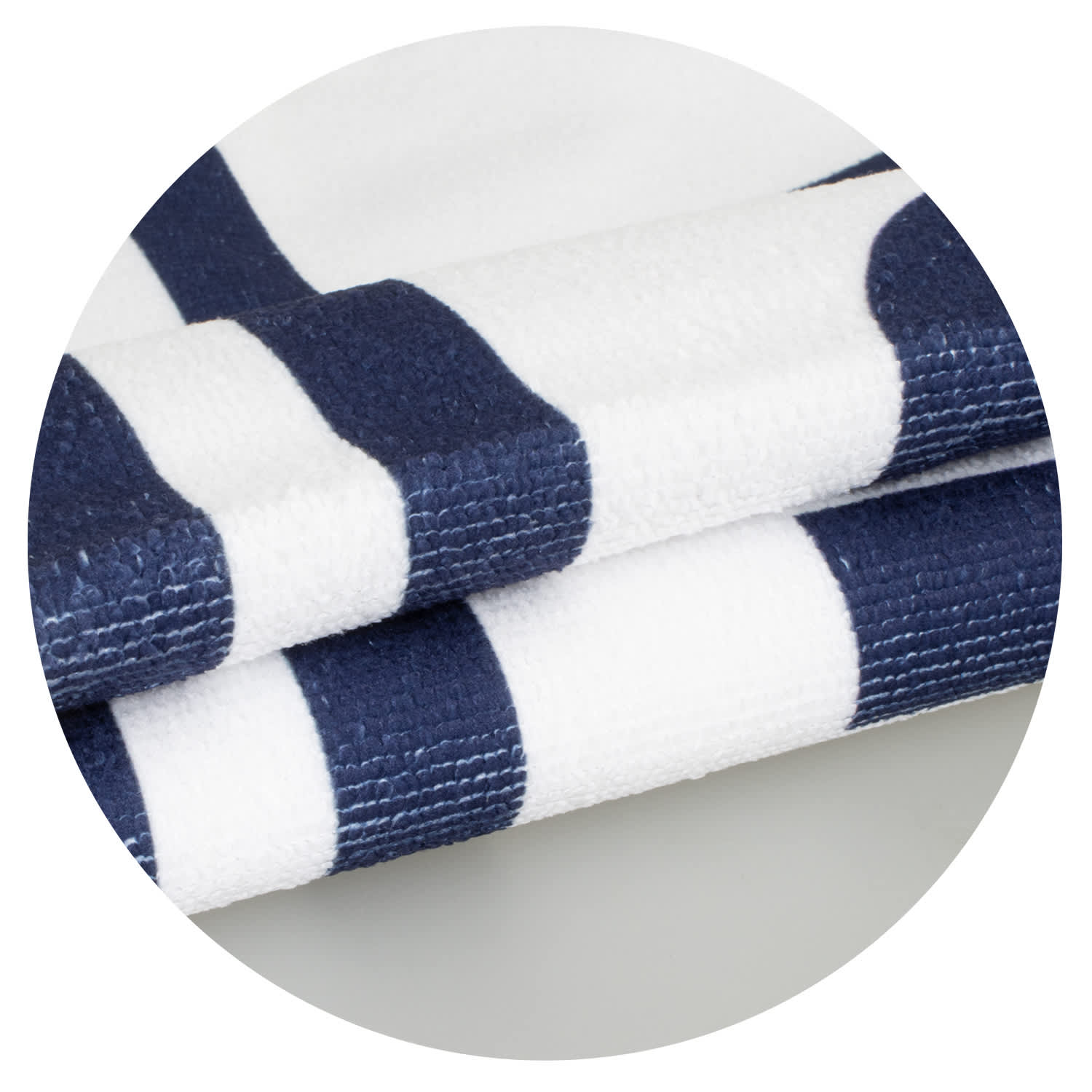 A navy and white striped kids hooded towel featuring a soft texture, folded neatly. Includes a logo.