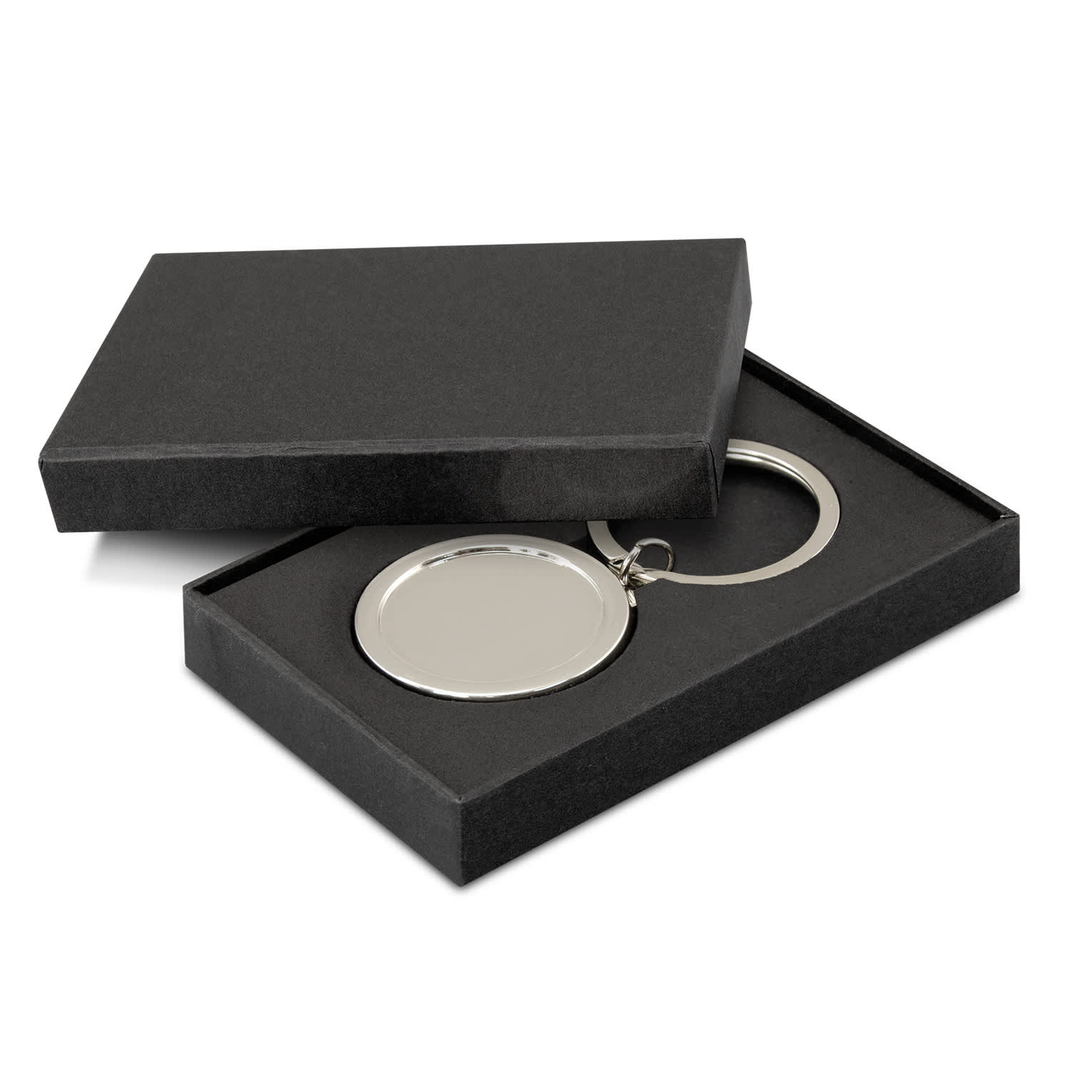A drink bottle opener key ring in a sleek silver finish, presented in a black gift box.