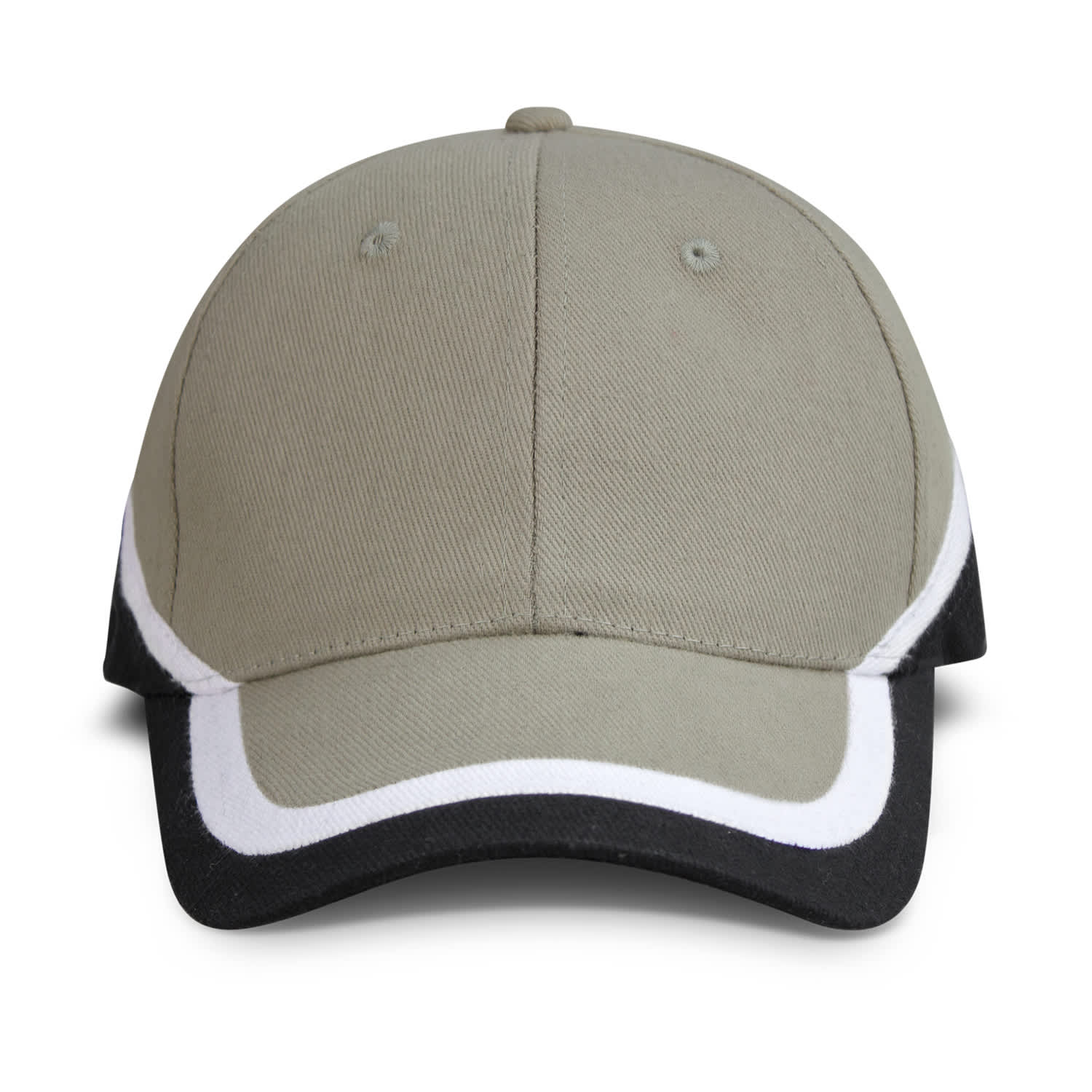 A cap featuring a beige crown with a black visor and white trim, displaying a logo on the front.