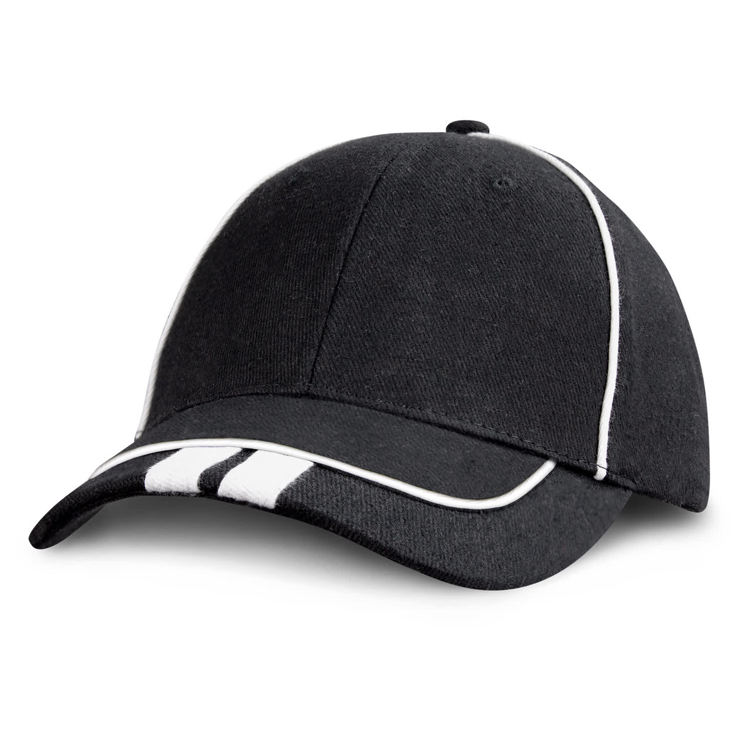 A black cap with white accents and a logo, featuring a structured design and curved brim.