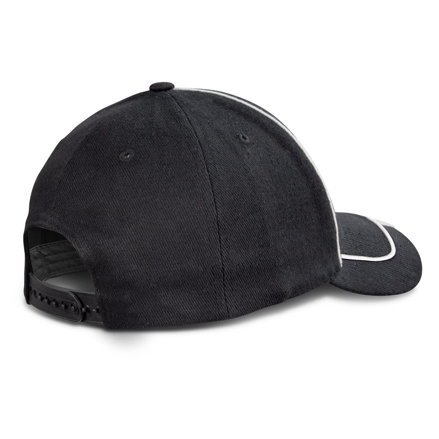 A black cap with a curved brim, featuring a contrasting white detail and an adjustable strap at the back.