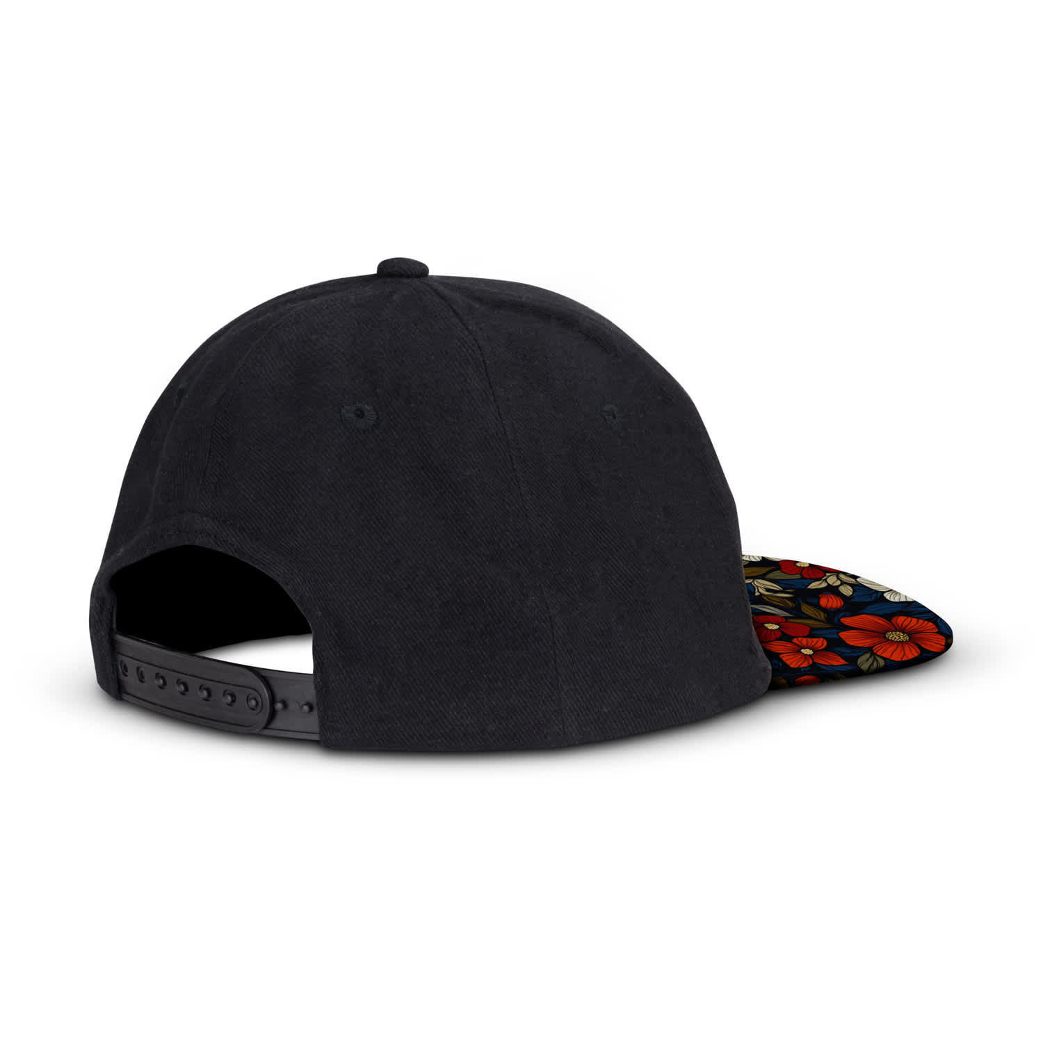 A black flat peak cap featuring a floral-patterned underside and an adjustable strap at the back.