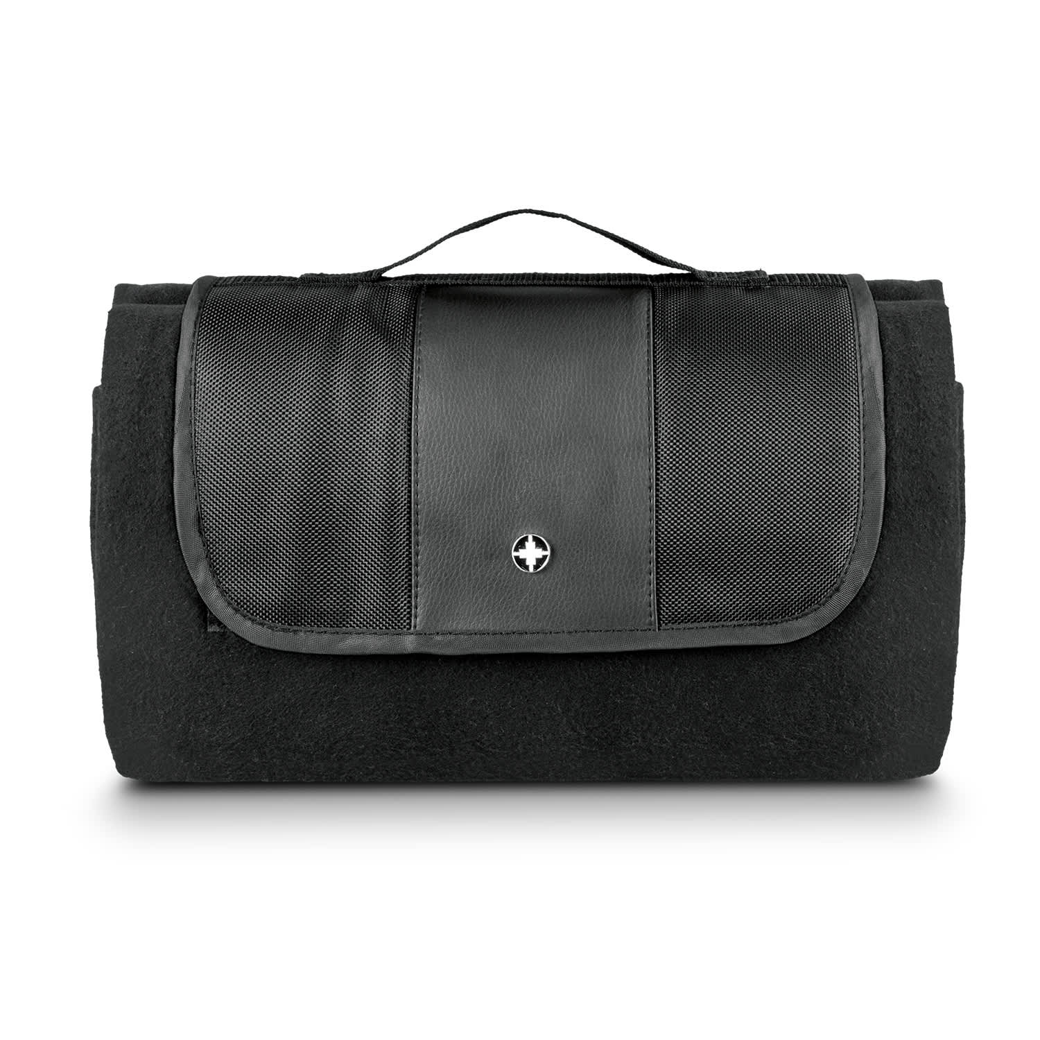 A folded black picnic blanket with a carrying handle and a textured panel on the front, featuring a logo.