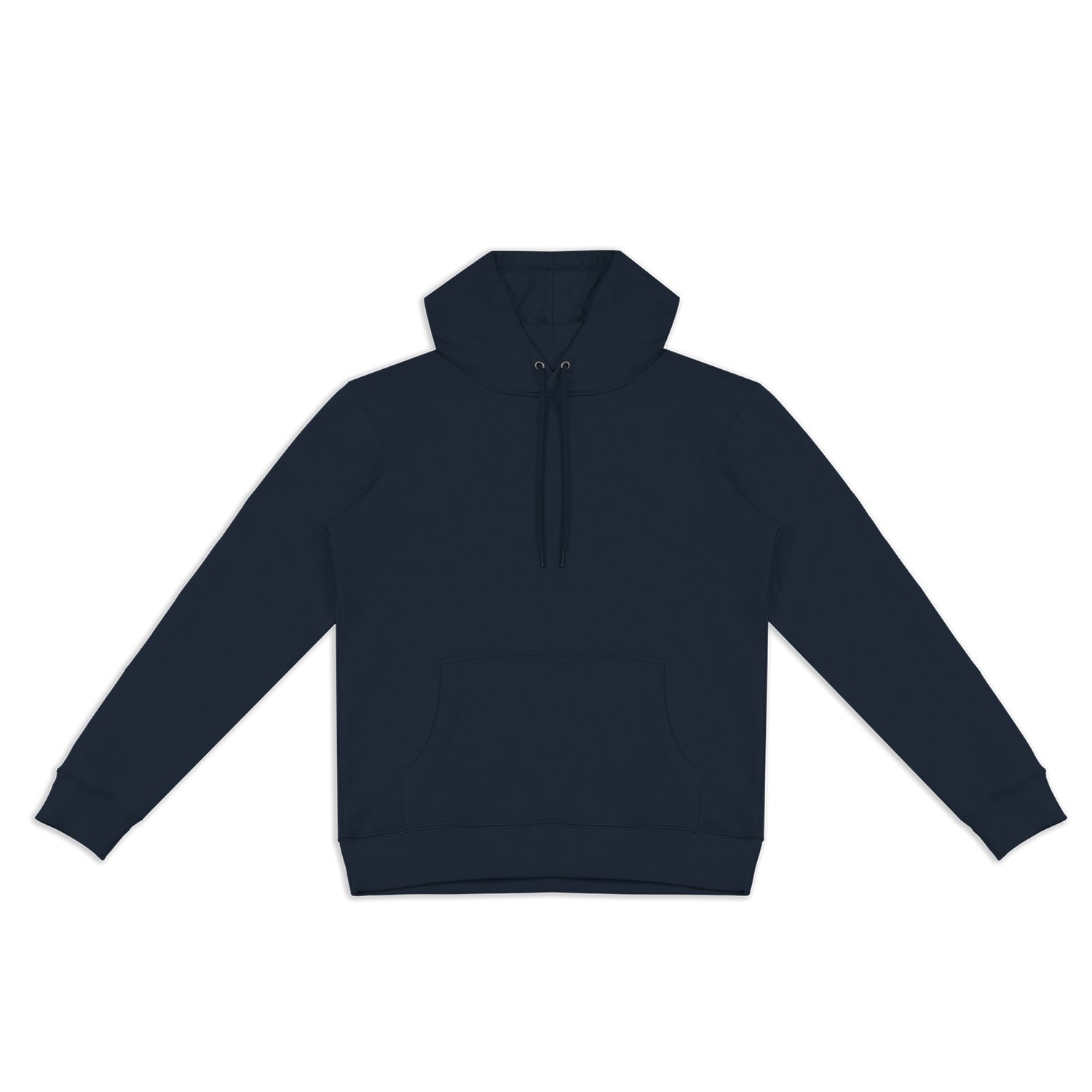 A navy unisex hoodie with a front pocket and drawstring hood. It features a logo on the front.