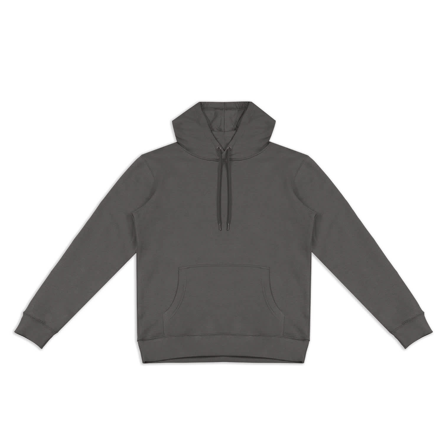 A unisex hoodie in dark grey featuring a front pocket and a drawstring hood. Includes a logo on the garment.