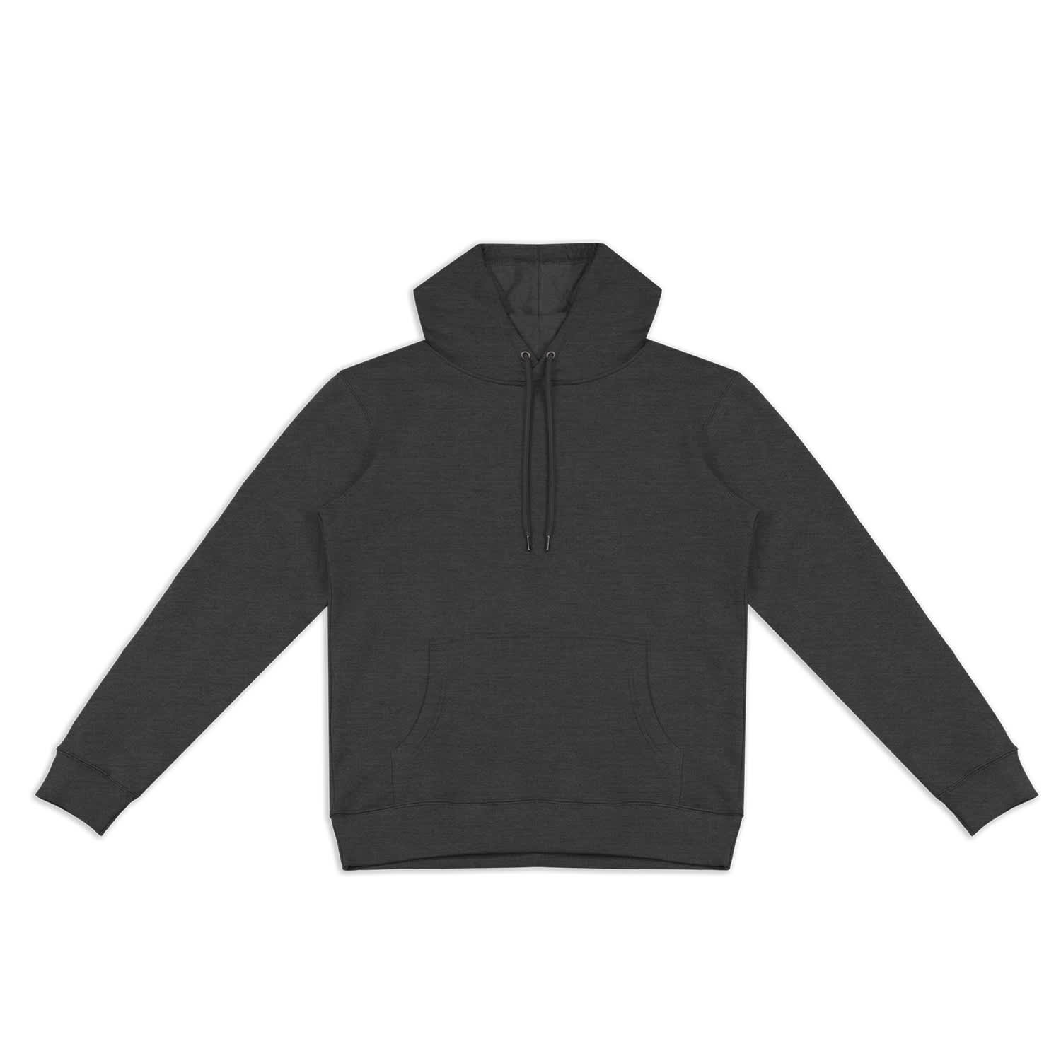 A unisex hoodie in dark grey with a kangaroo pocket and drawstring hood, featuring a logo.