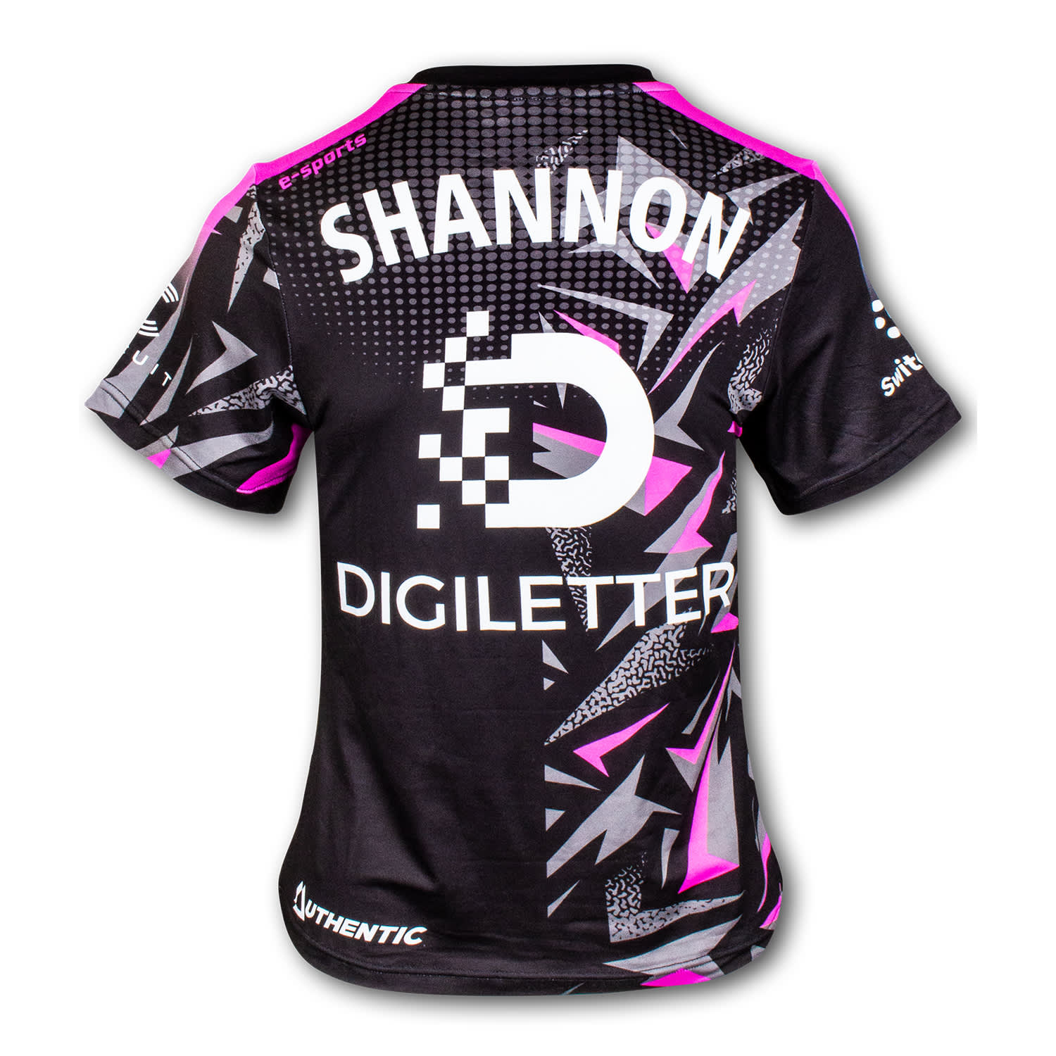 A black women's sports V-neck T-shirt featuring pink and white geometric designs and a logo on the back.