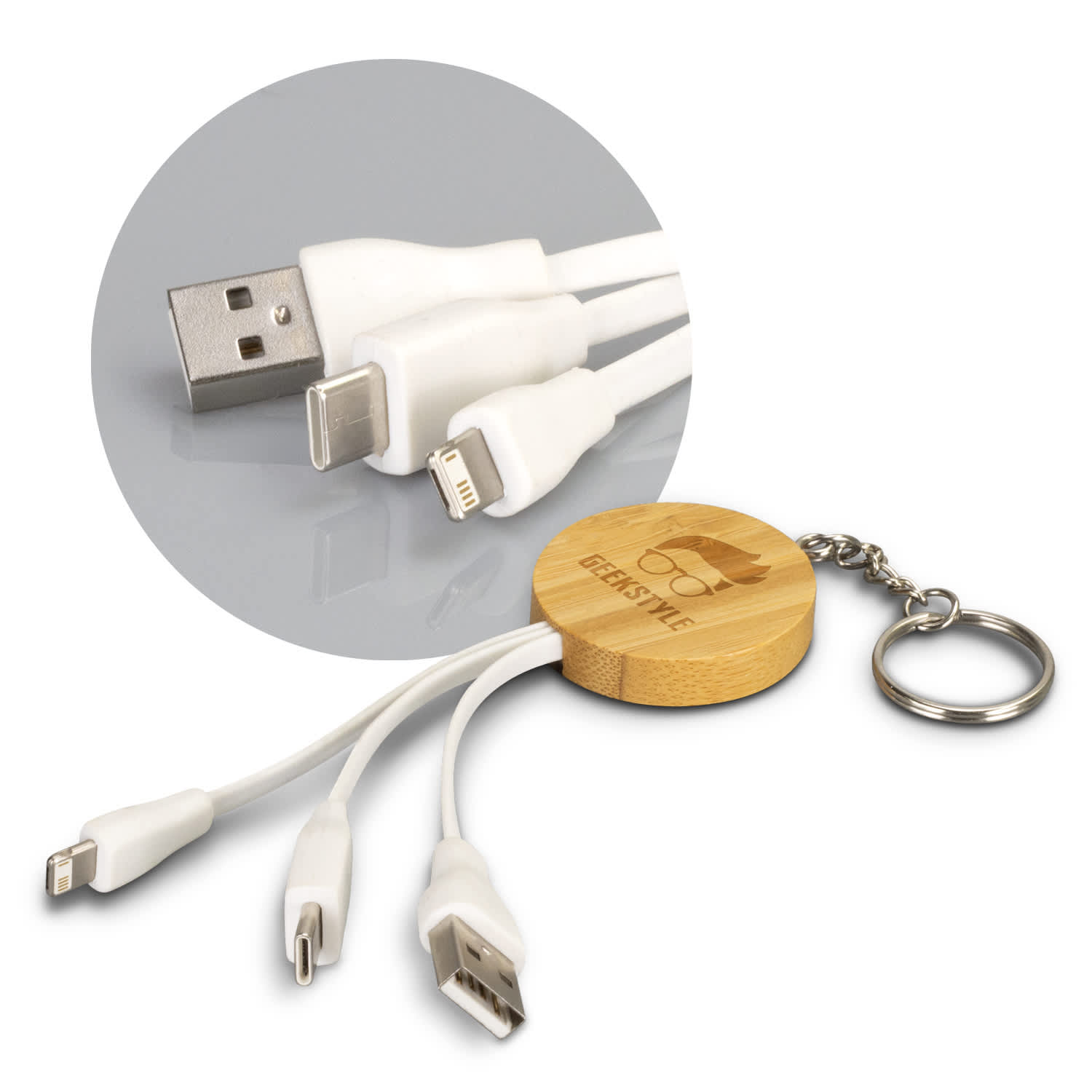 Bamboo Charging Cable Key Ring - Round | Customized Gifts NZ | Key Ring