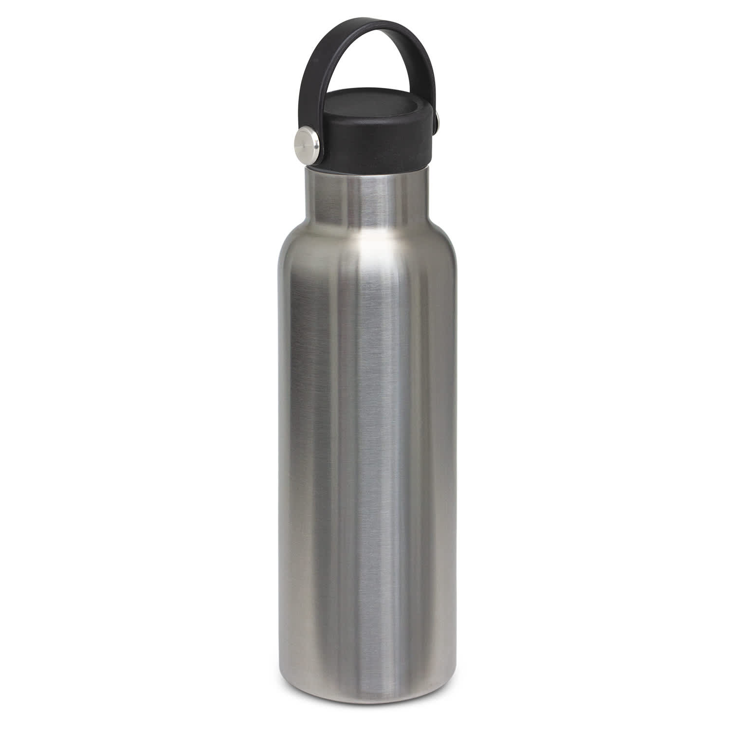 A stainless steel drink bottle with a black carry lid and a sleek, modern design. It features a branding logo.