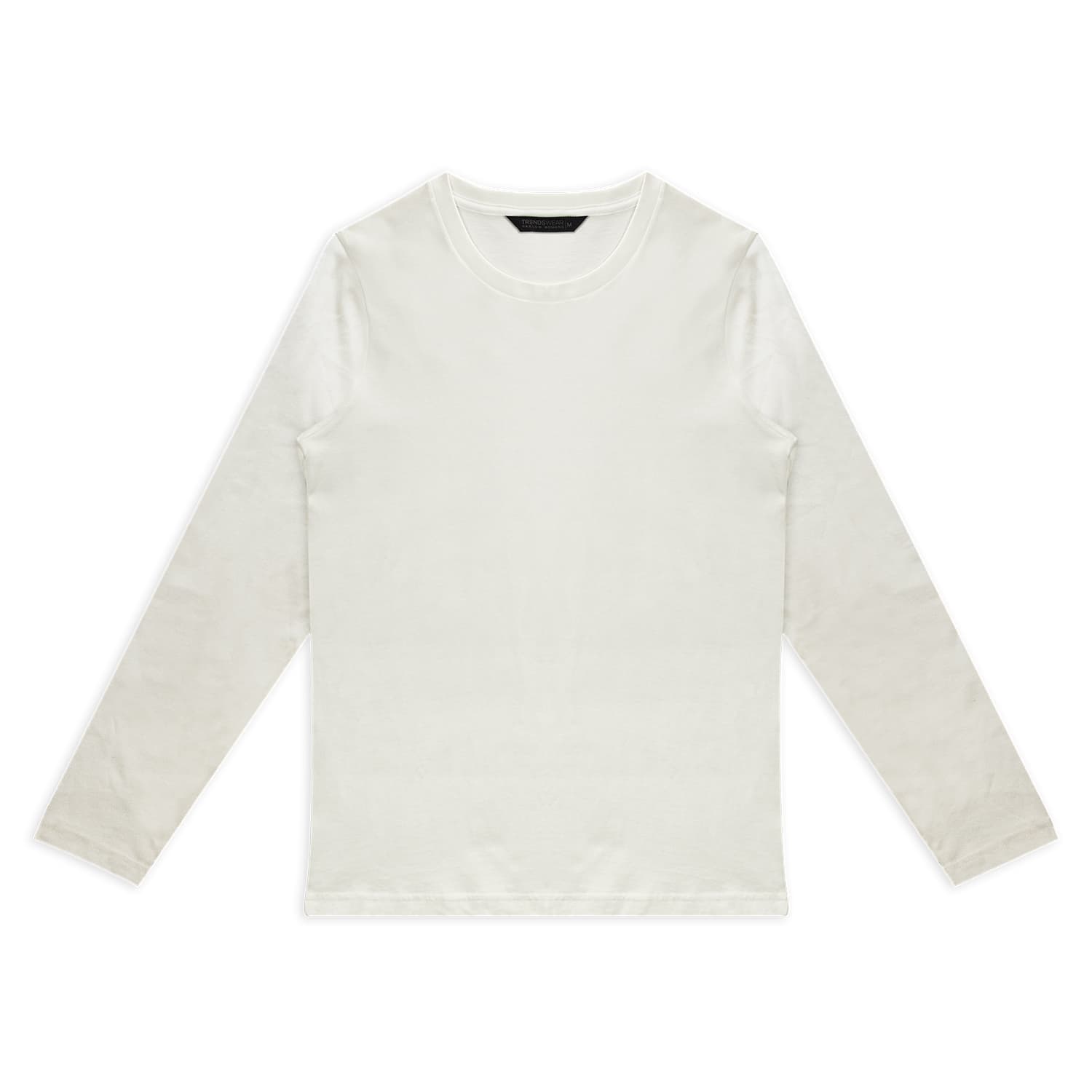 A white long sleeve crew shirt with a simple design and a logo on the label.
