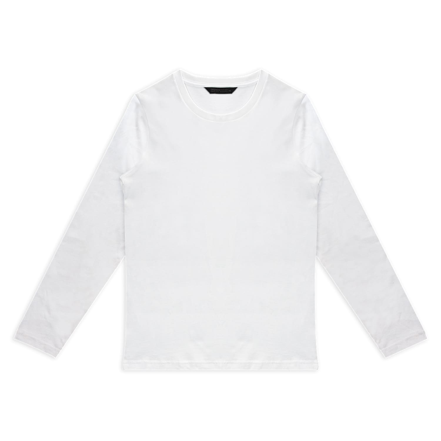 A long-sleeve white crew shirt with a simple design and a logo on the label.