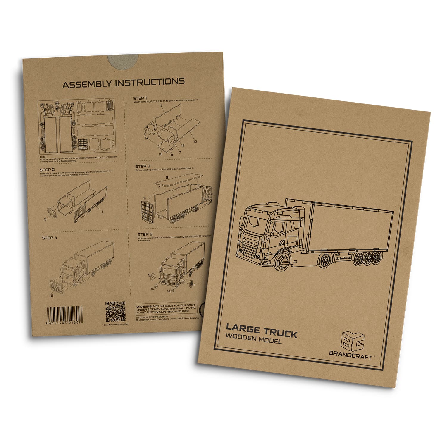 A packaged wooden model of a large truck with assembly instructions and a simple monochrome design, featuring a logo.