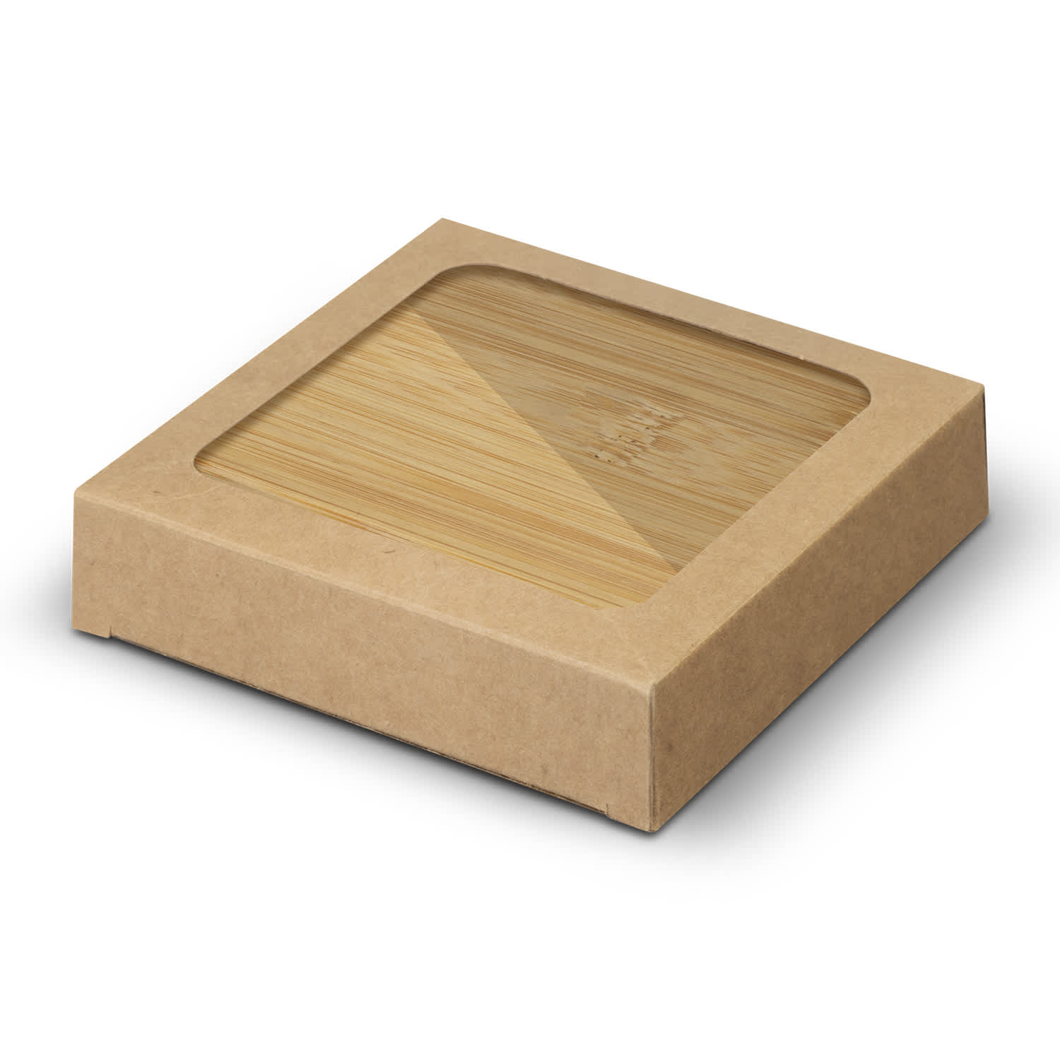 A drink bottle opener coaster set of two in bamboo, presented in a square cardboard box. Features a logo.