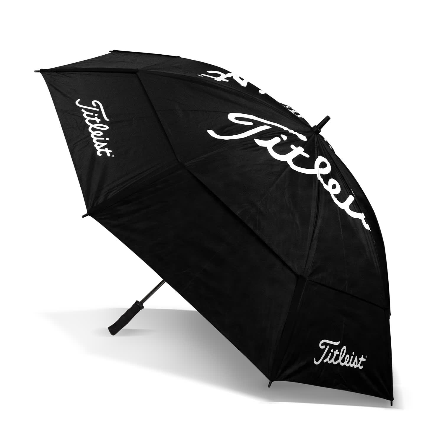 A black double canopy umbrella with a logo, featuring a sturdy handle and a wide opening for coverage.