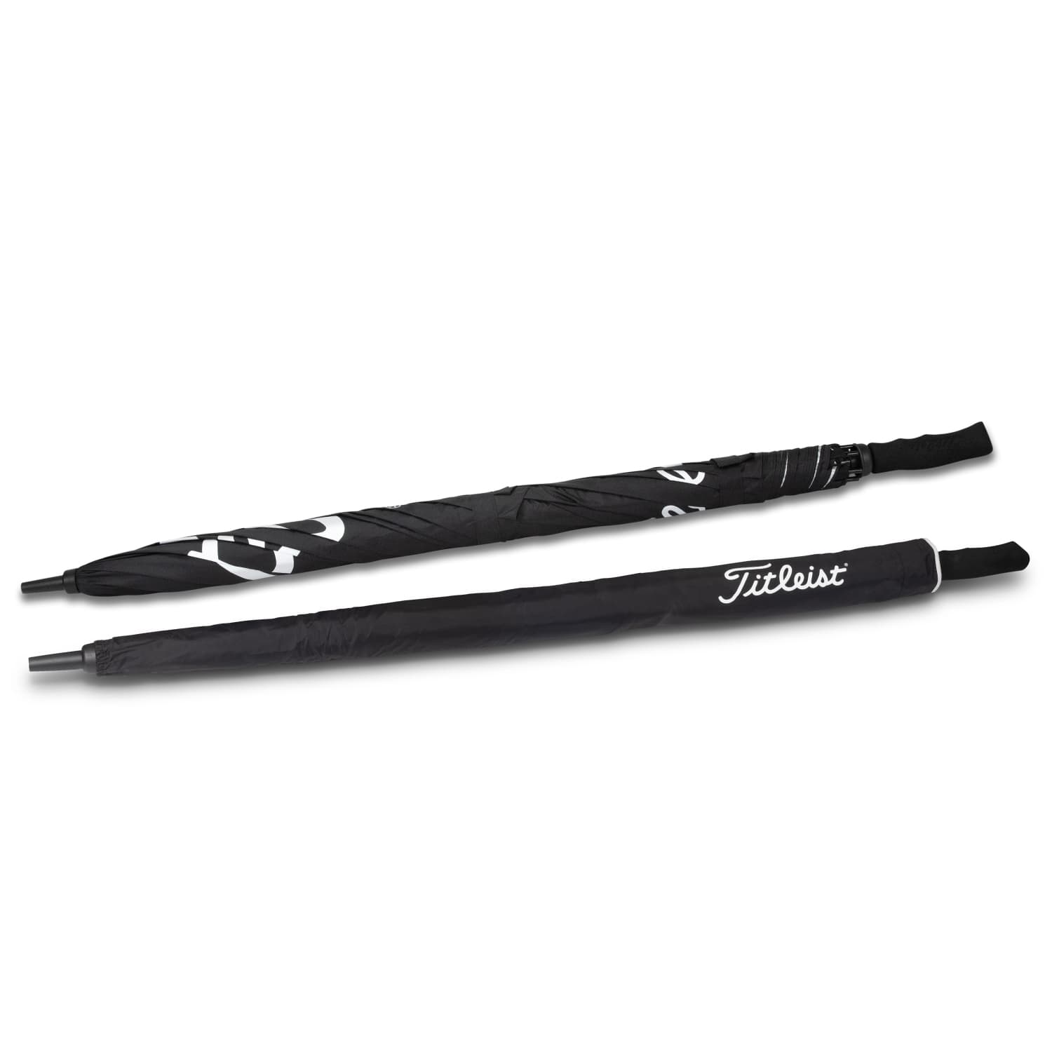 A black double canopy golf umbrella with a branded handle, featuring a sleek design and a prominent logo.