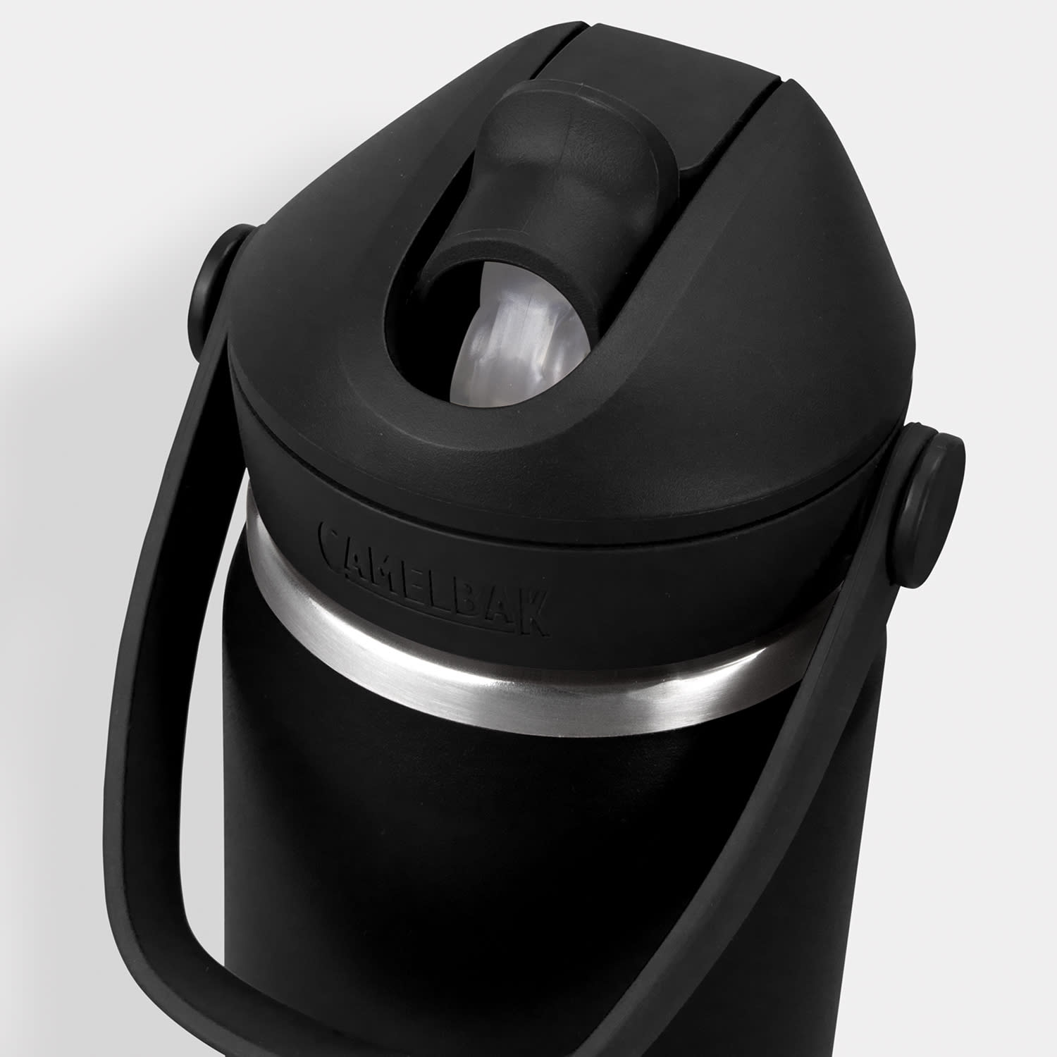 A drink bottle in black with a flip straw and metal trim, featuring a handle and a logo.