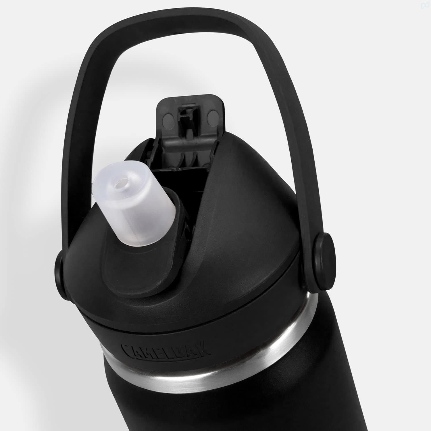 A drink bottle featuring a flip straw design, metallic silver base, and a black lid with a handle.