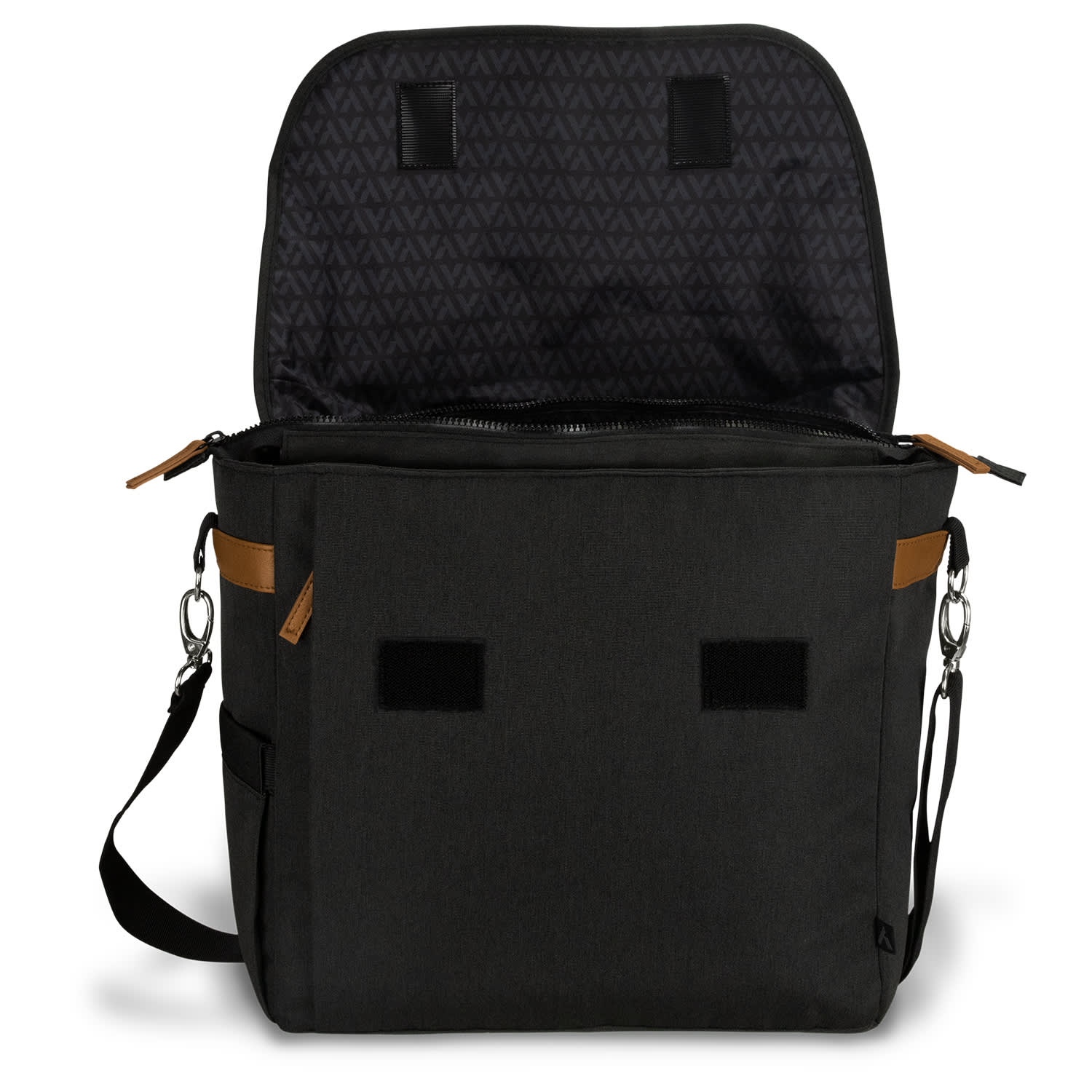 A black messenger bag with an open top, showing a patterned interior and tan detailing. It includes a shoulder strap and has a logo.