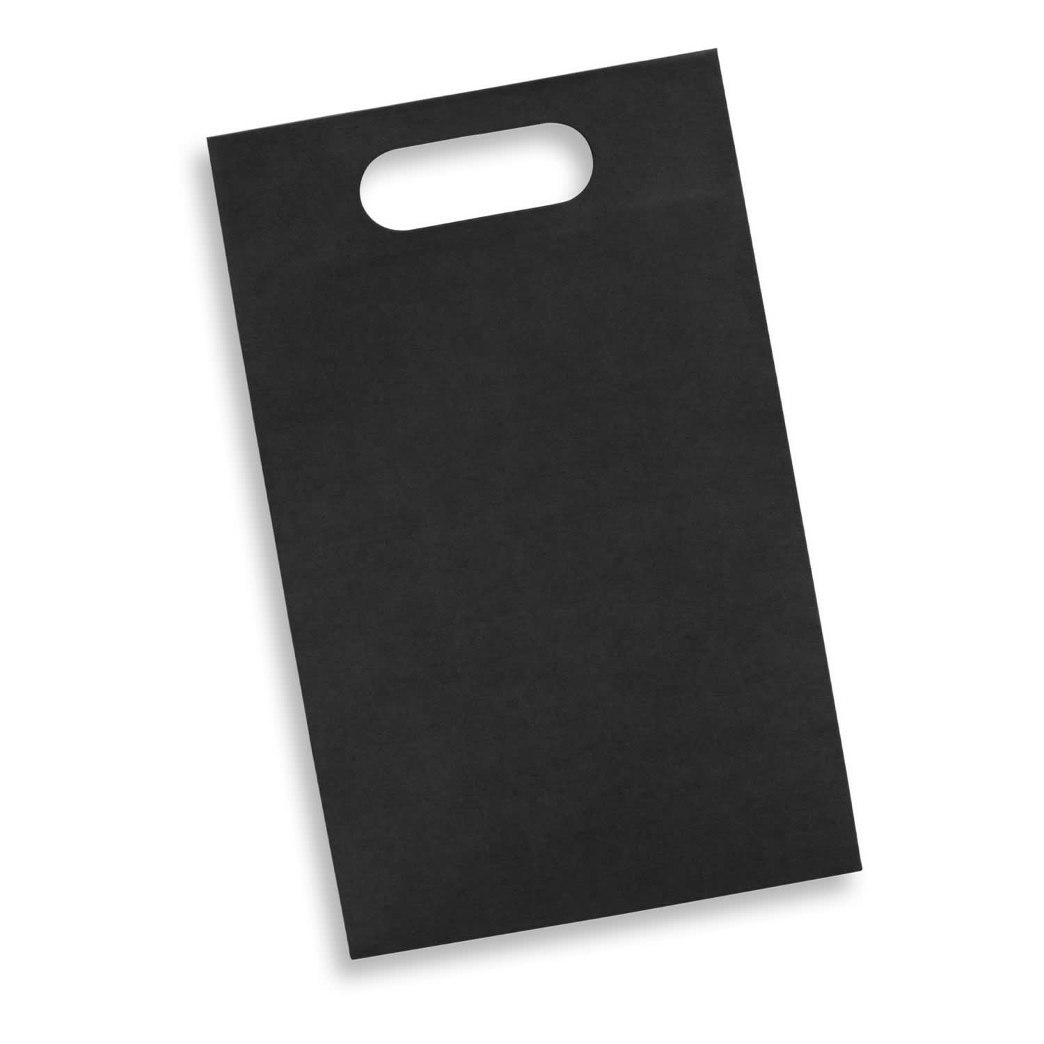 A die-cut paper wine bag in black with a handle at the top. It has a simple design and no visible branding.