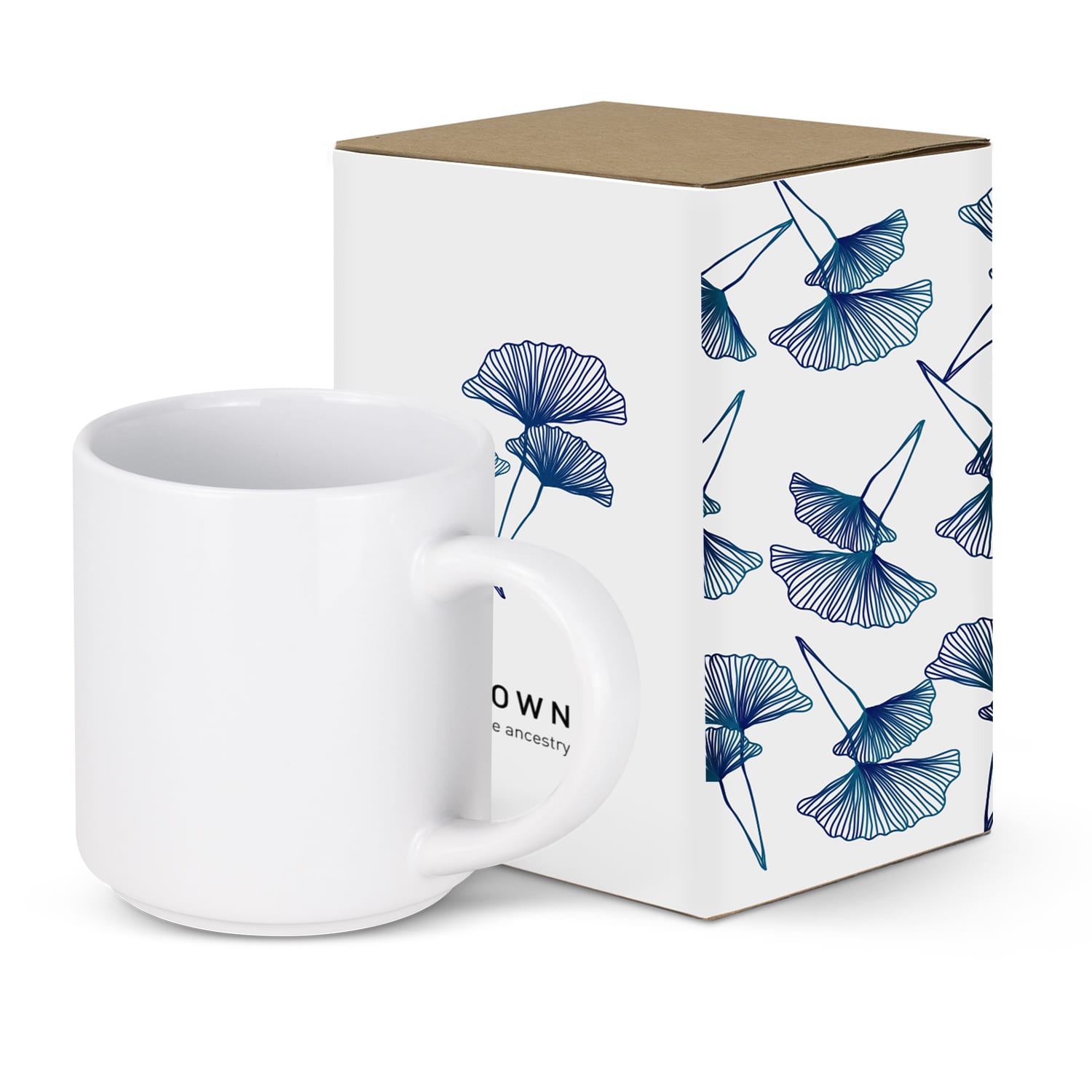 A white stackable coffee mug next to a decorative packaging box with blue floral designs.