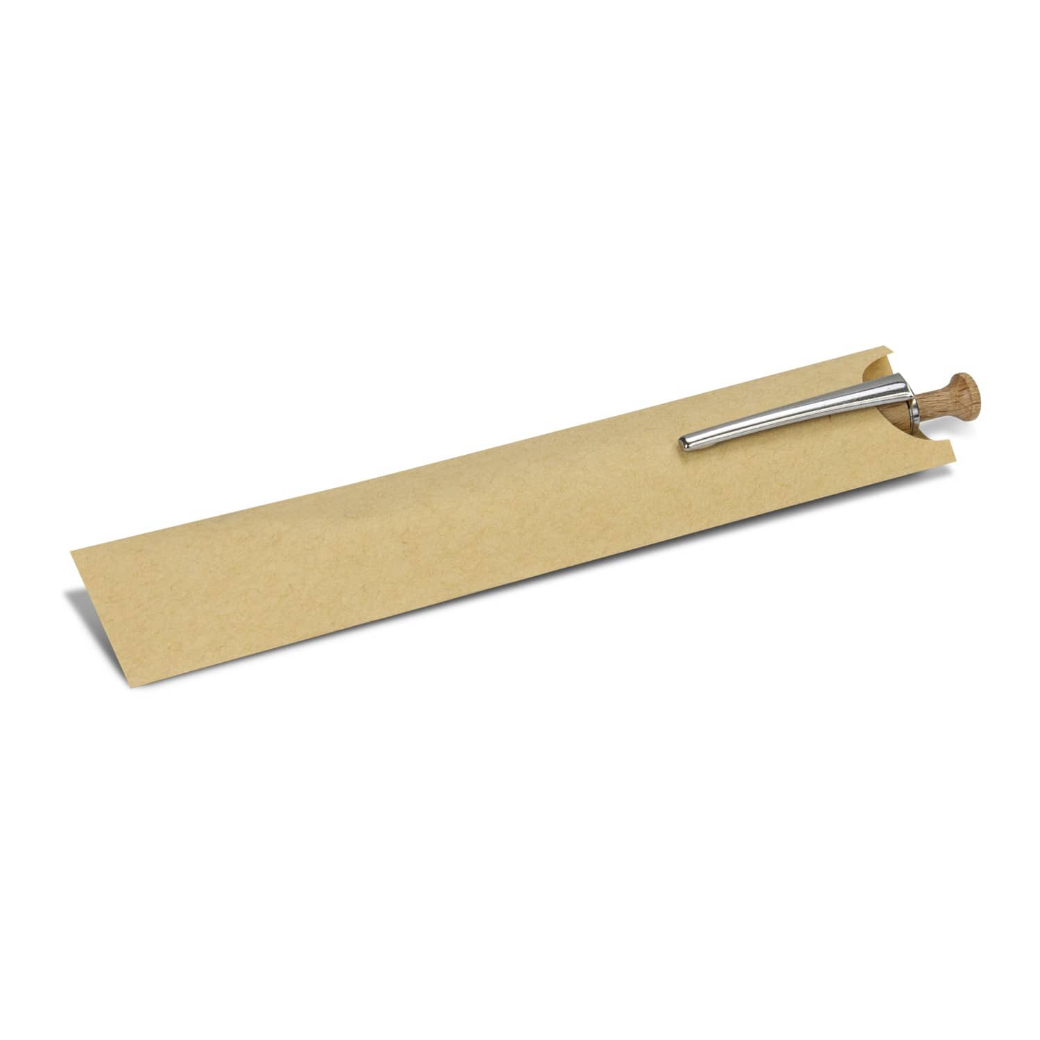 A kraft paper pen sleeve in a natural brown colour, featuring a silver pen and a simple design.