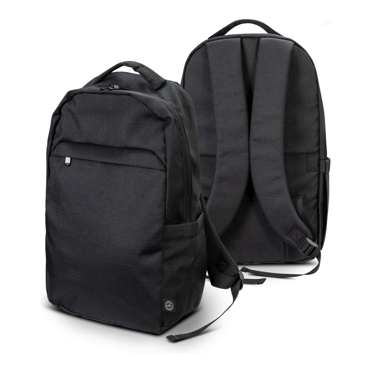A black recycled backpack with adjustable straps and zippered compartments, featuring a logo on one side.