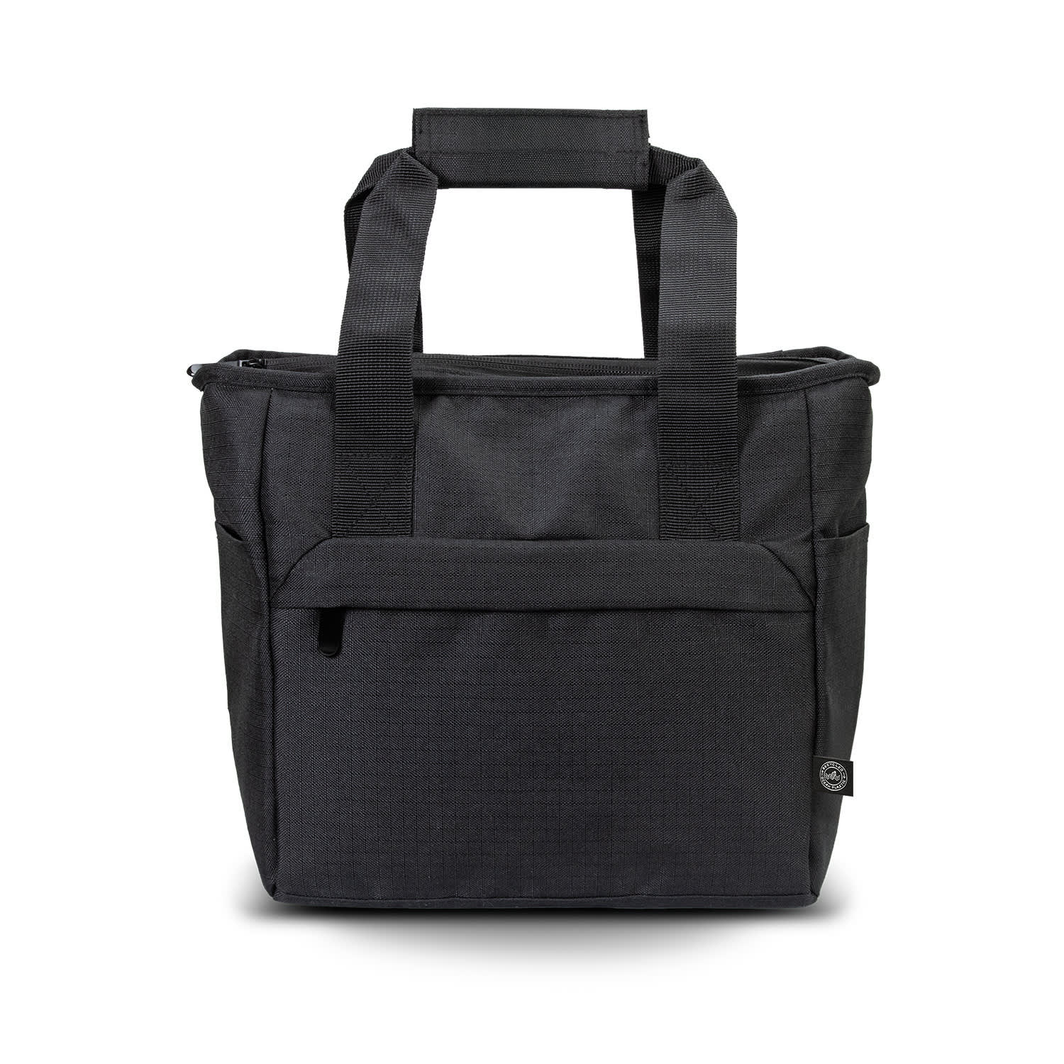 A black cooler bag with sturdy handles and a front pocket, featuring a logo on the side.