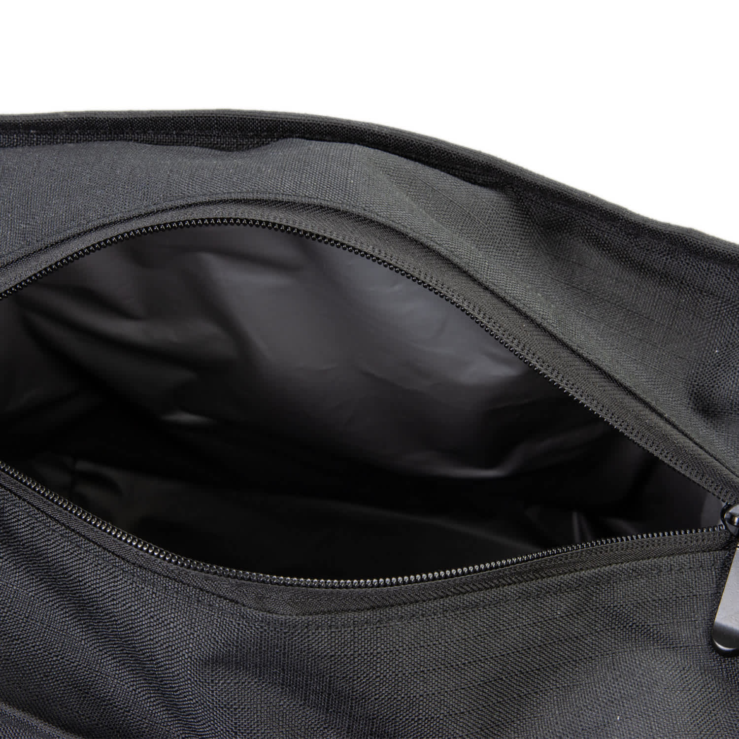 A black cooler bag with a zippered opening, revealing a spacious, insulated interior.