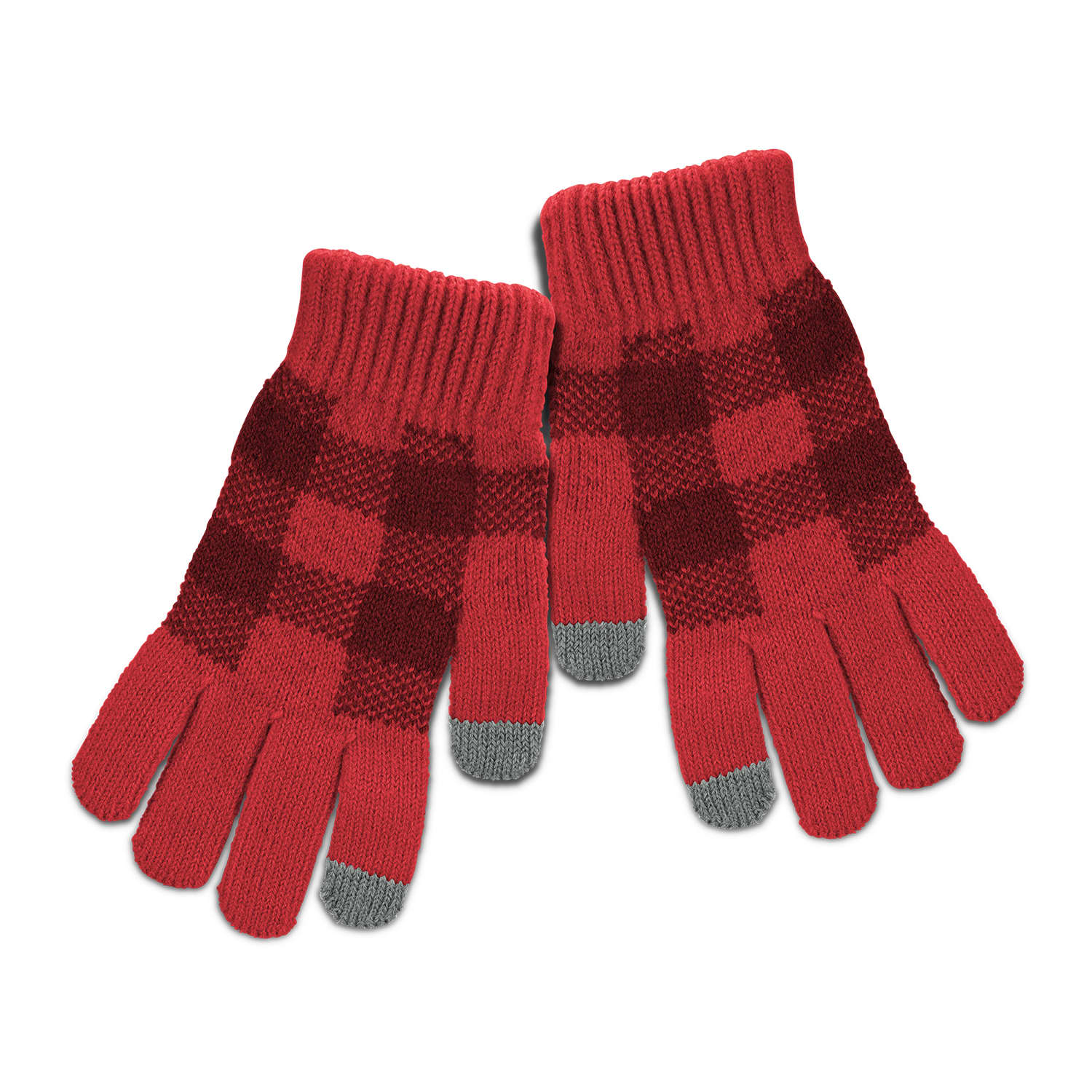 A pair of red knitted gloves featuring a checkered pattern and grey fingertips. They have a knitted cuff design.