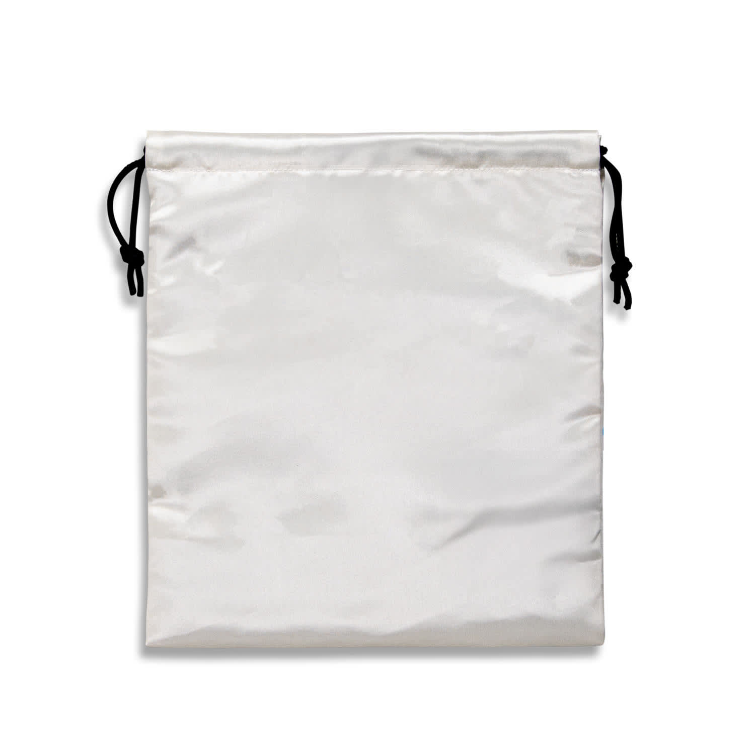 A medium satin gift bag in white with black drawstrings and a smooth, shiny surface.
