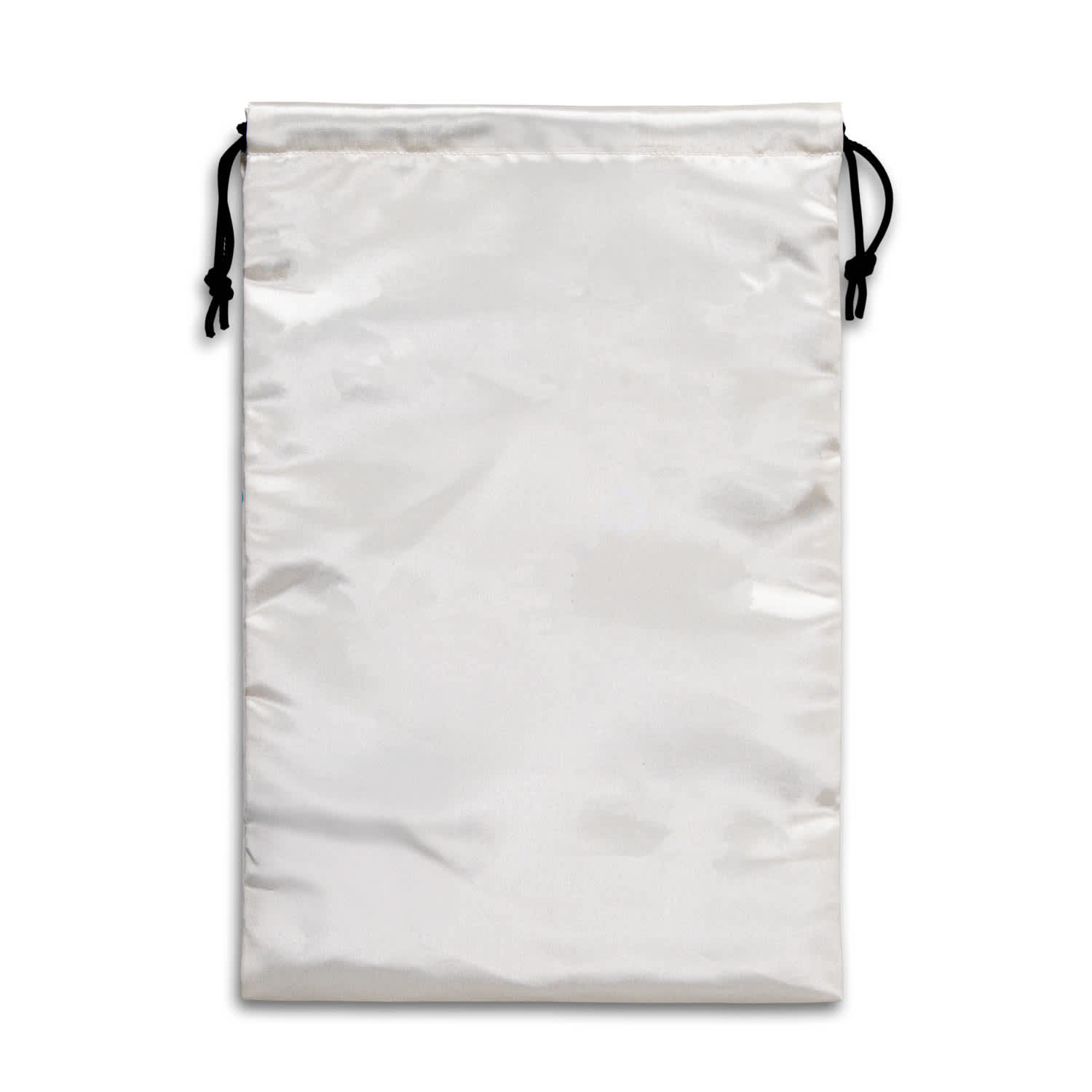A large satin gift bag in white, featuring a drawstring closure and a smooth finish.