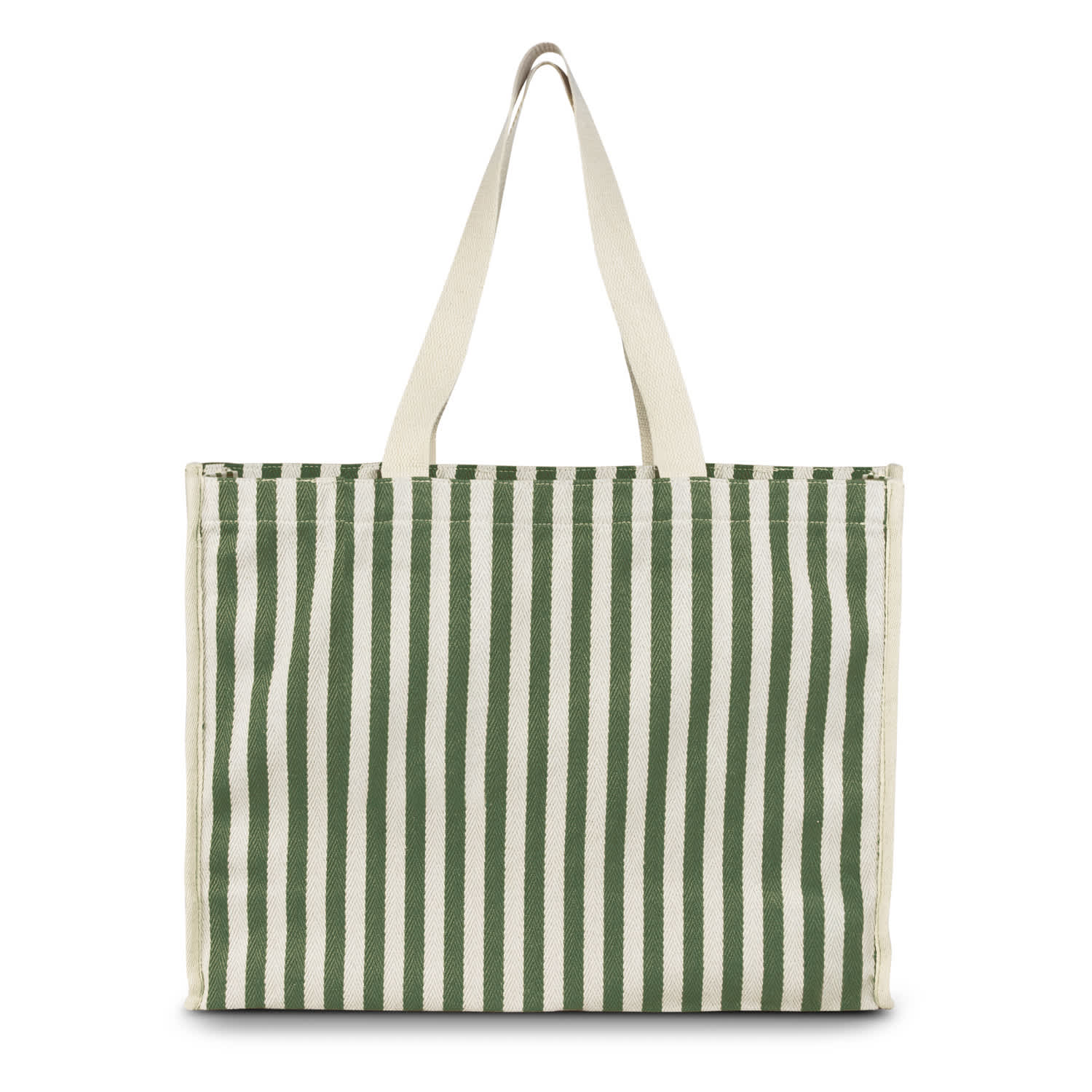 A green and white striped tote bag with sturdy handles and a plain design, featuring a logo on the side.