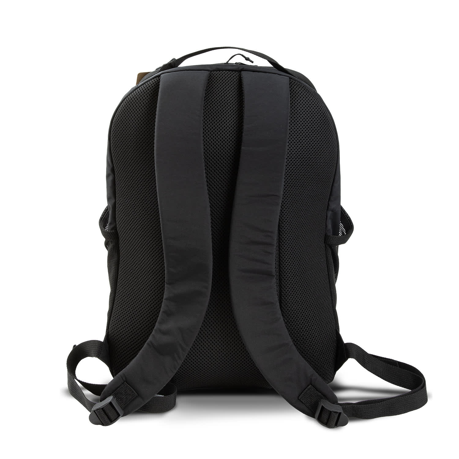 A black daypack with padded shoulder straps and a mesh back for ventilation, featuring a logo on the exterior.