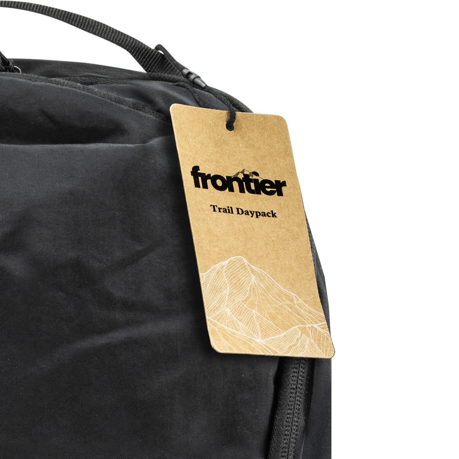 A black daypack with a tag attached, featuring a simple mountain graphic and a logo.