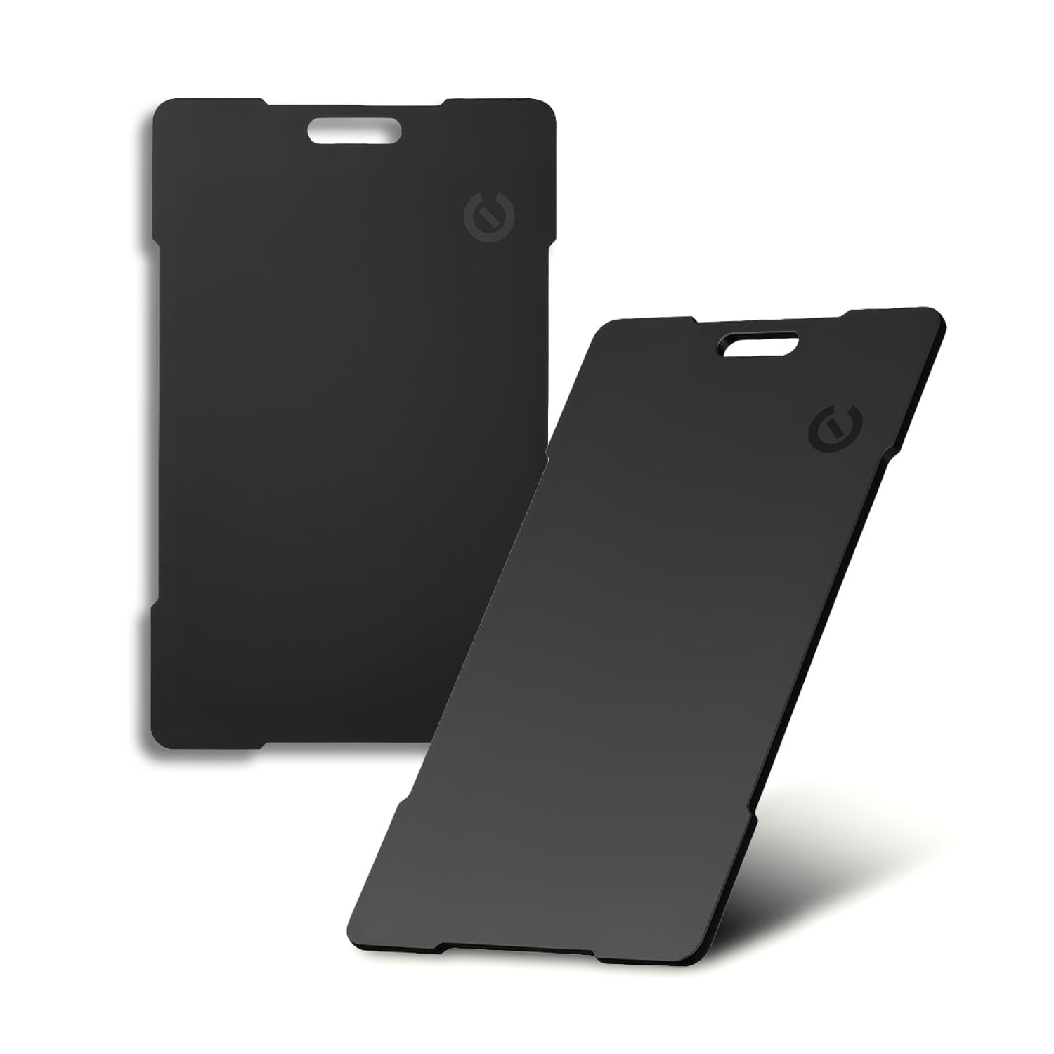 A sleek, black Bluetooth tracker with a minimalist design and a logo on the side.