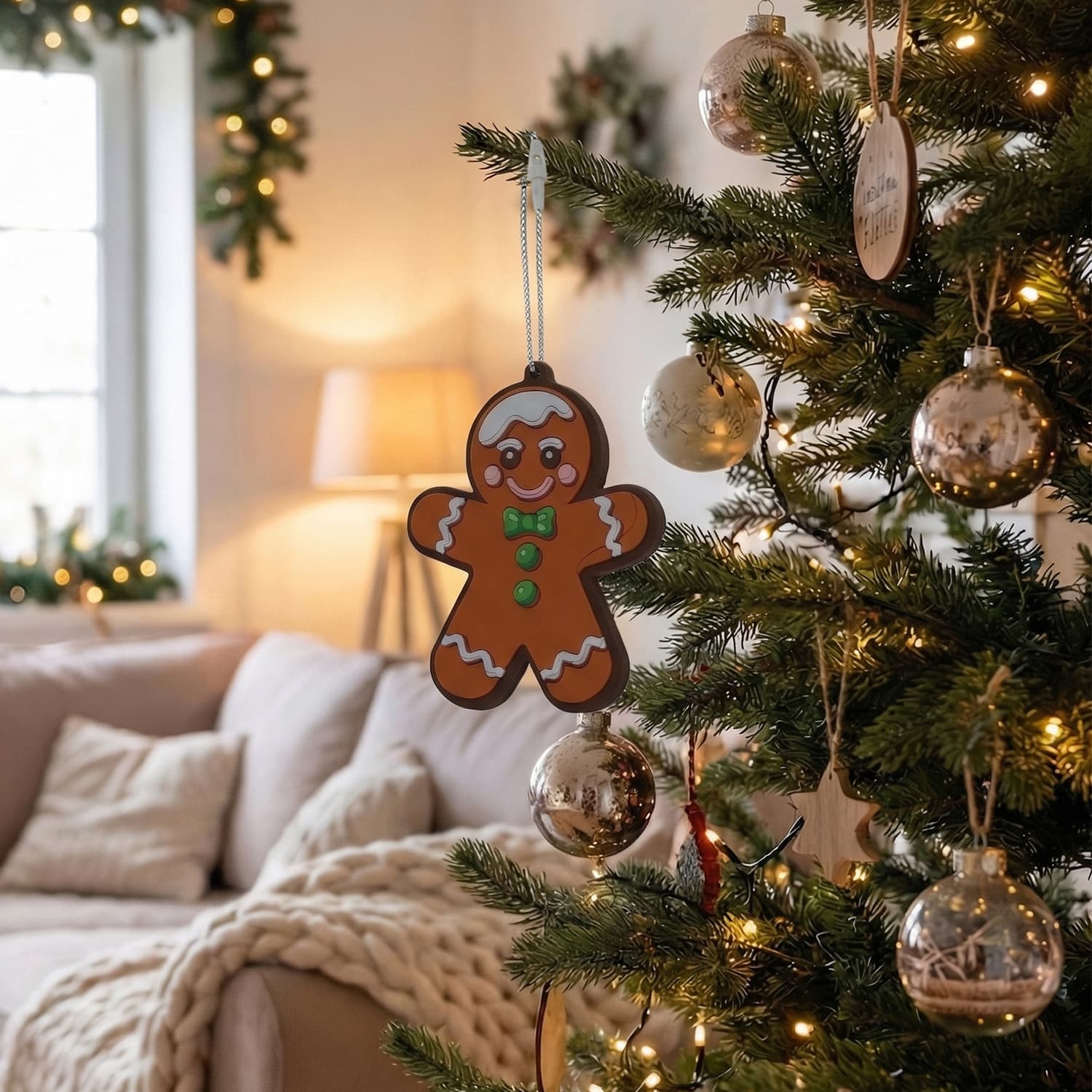 A gingerbread man decoration hangs from a Christmas tree, adorned with baubles and festive lights in a cozy living room.