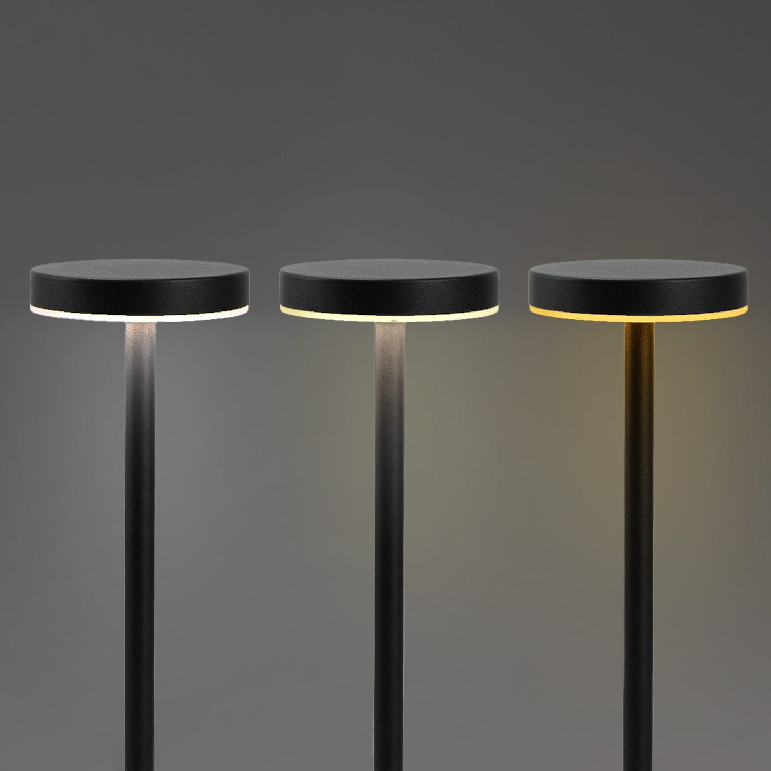 Three black rechargeable table lamps with round tops and adjustable light settings against a grey background.