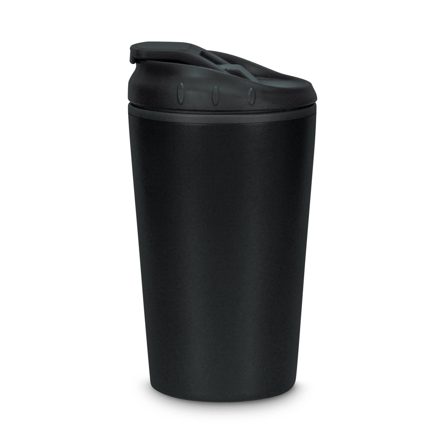 A black coffee cup with a lid and a sleek design, featuring a logo on the side.