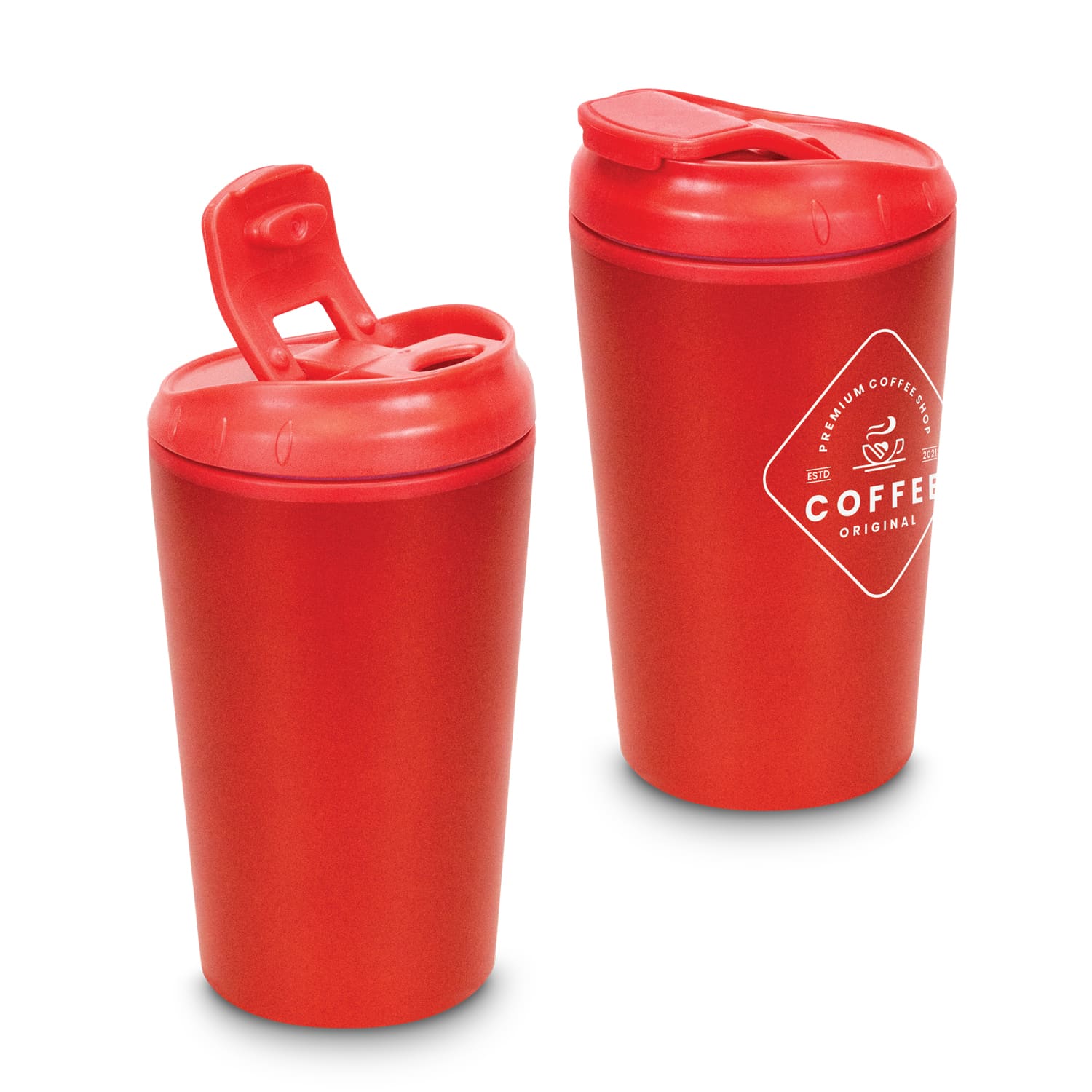 A coffee cup in bright red with a secure lid and a logo, featuring a smooth surface and curved design.