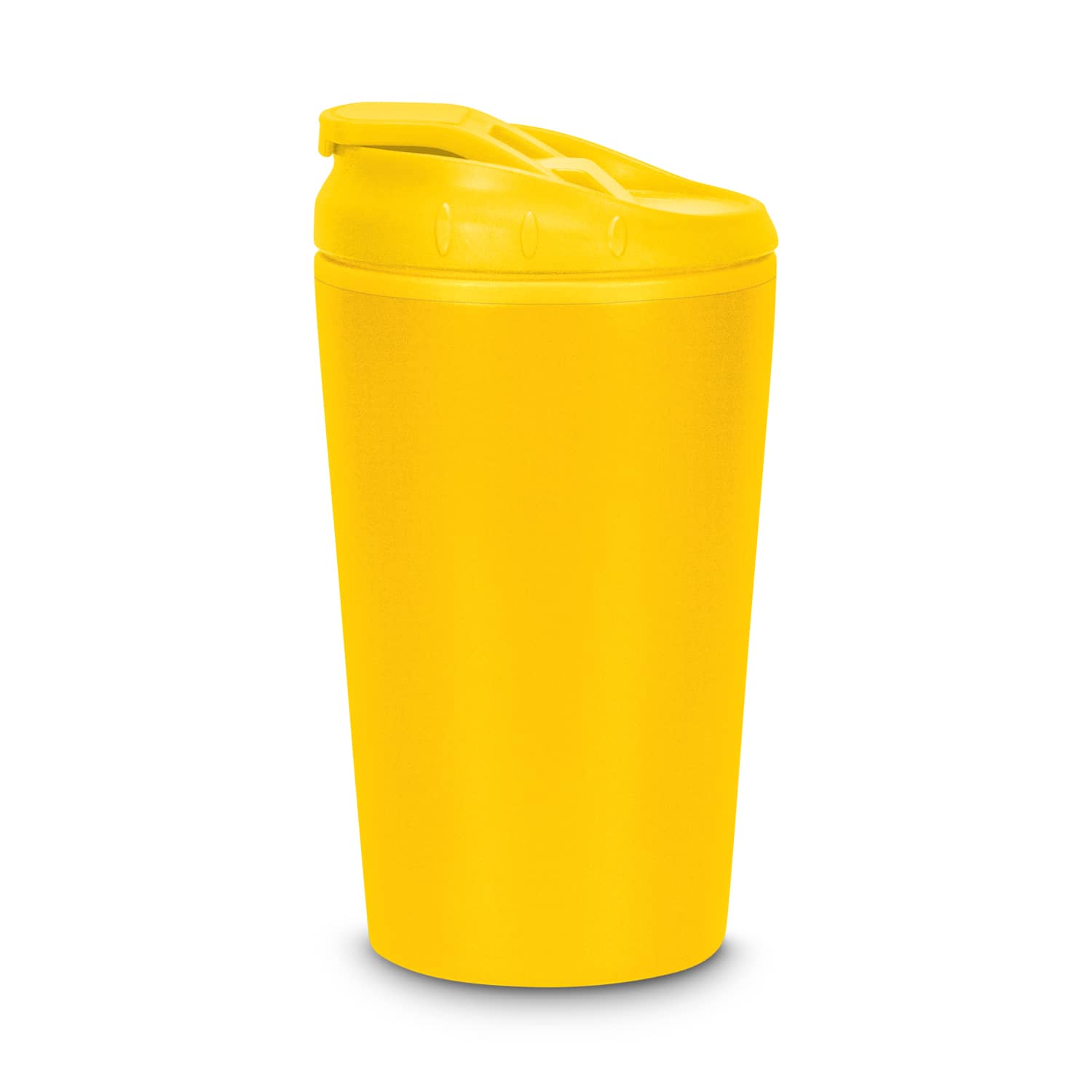 A yellow coffee cup with a lid, featuring a smooth finish and a logo.