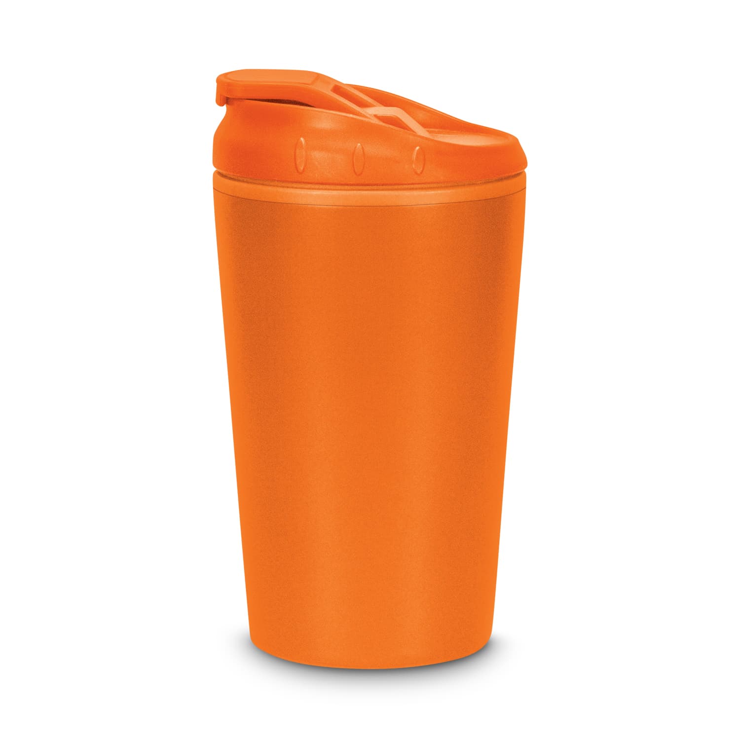 An orange coffee cup with a lid, featuring a smooth surface and a glossy finish. It has a branding logo.