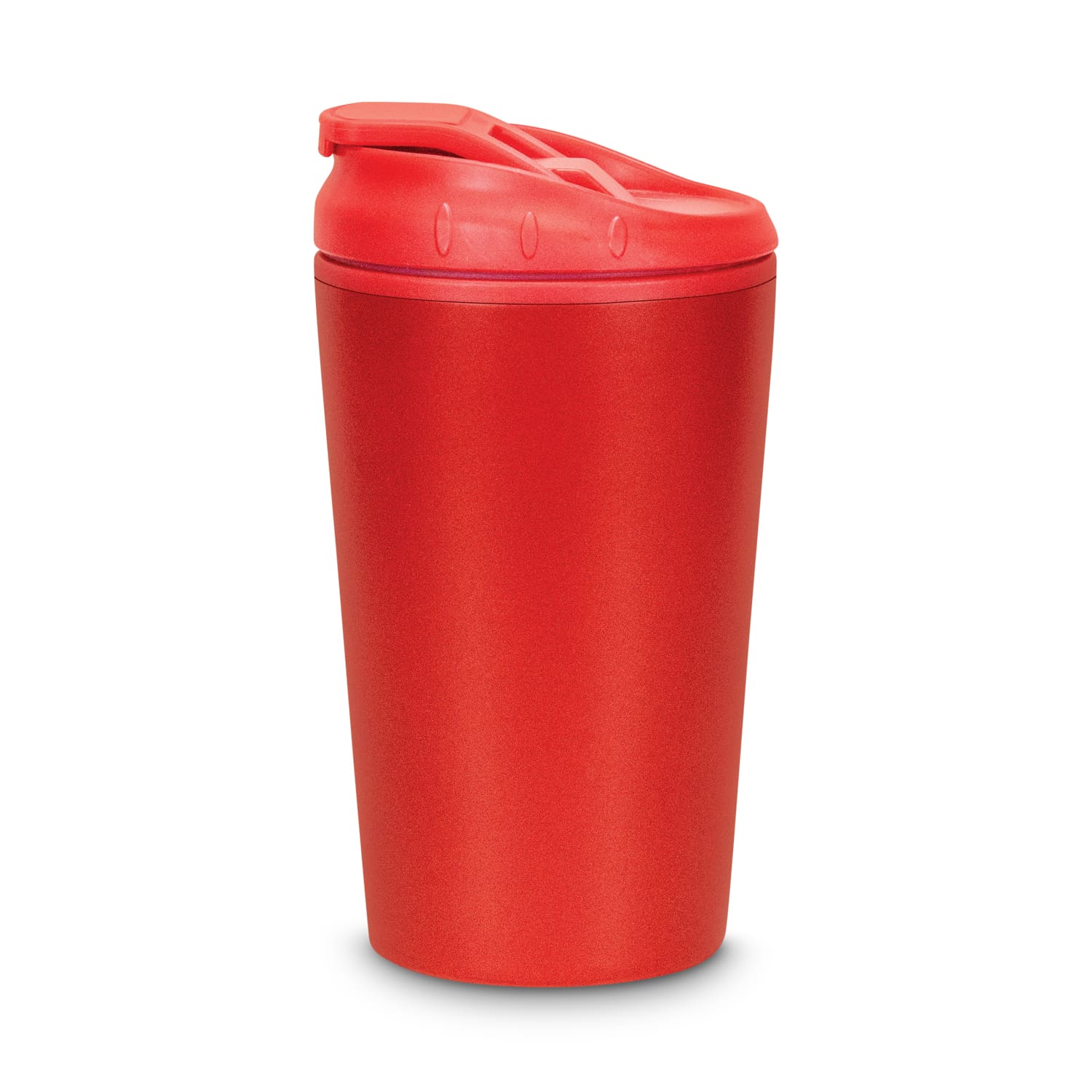 A red coffee cup with a lid and a sleek design, featuring a branding logo on its surface.