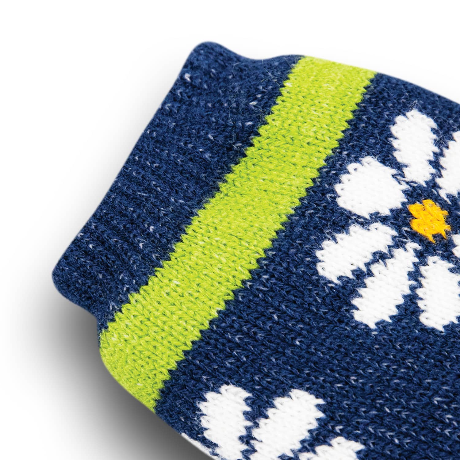 A pair of blue cosy socks with a floral pattern and green stripes. The socks feature a logo.