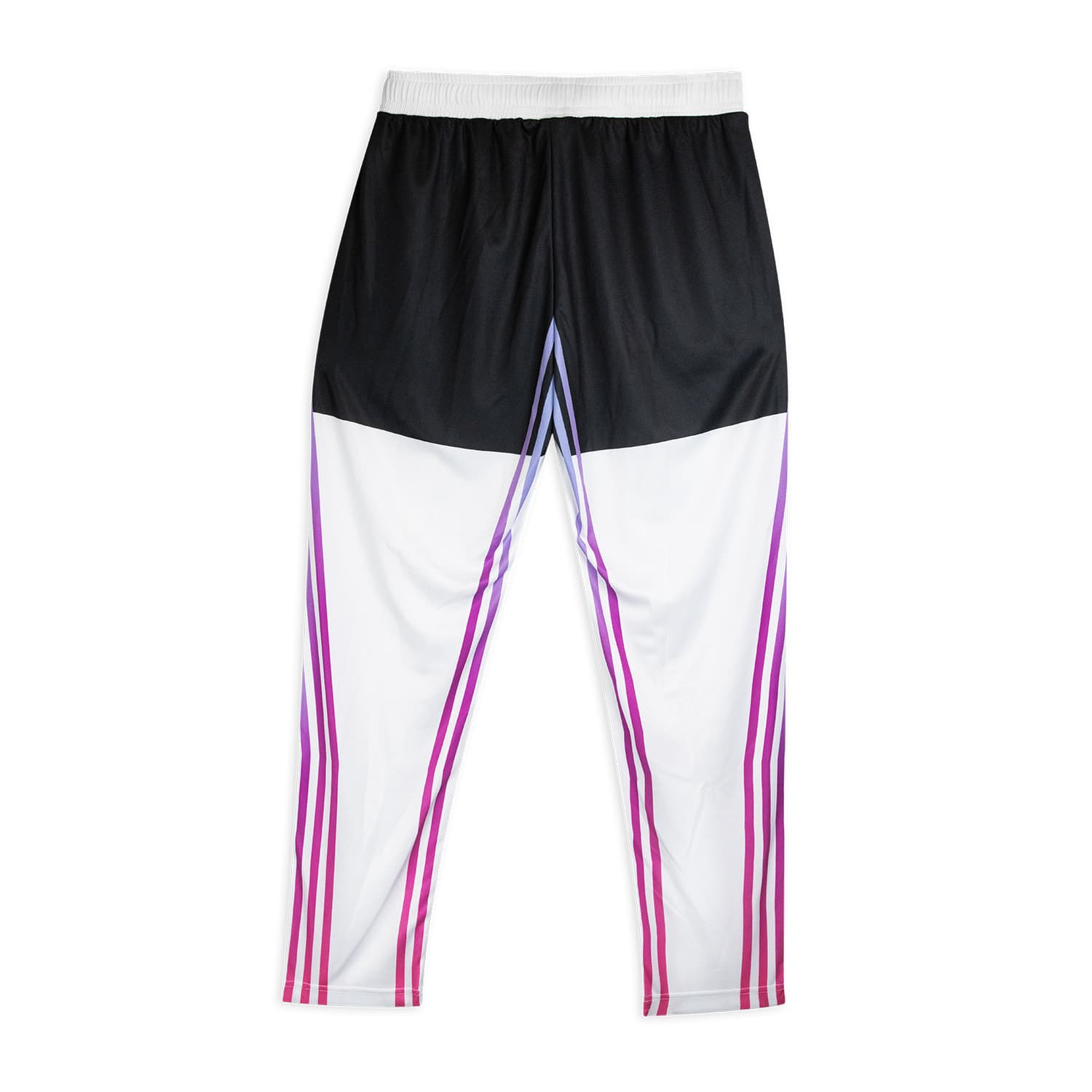 Custom women's active pants featuring a black top and white lower section with pink and purple stripes. It has a logo.
