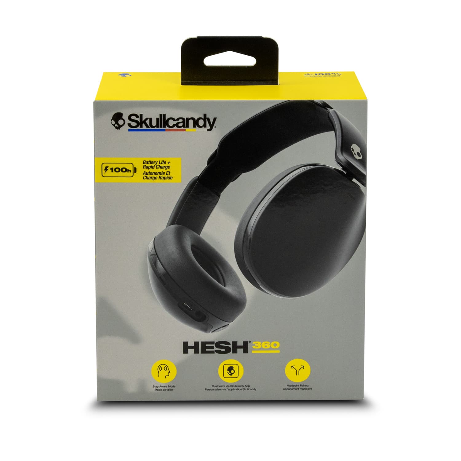 A black pair of Skullcandy Hesh 360 headphones in packaging, featuring a logo and a handle on top.