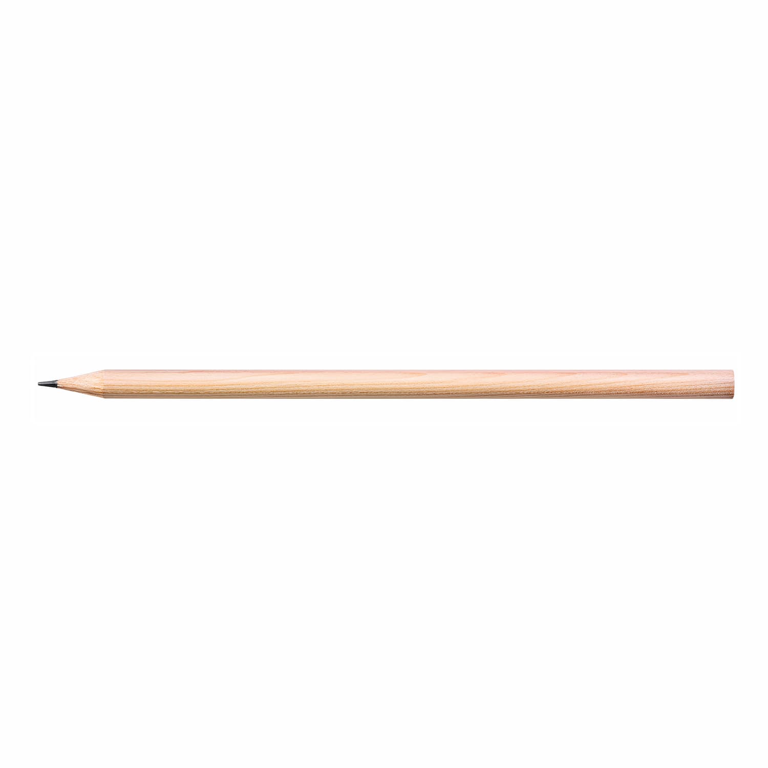 A wooden graphite pencil with a round barrel and sharpened tip, featuring a simple design and a subtle logo.