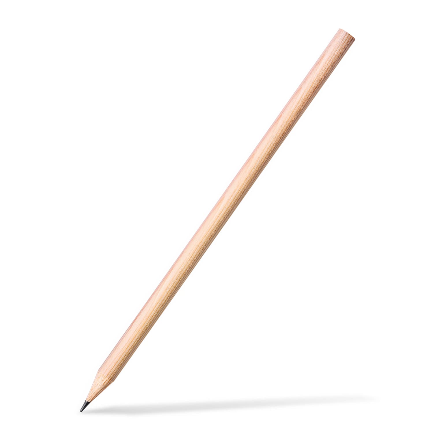 A wooden round-barrel graphite pencil with a sharpened graphite tip, featuring a simple design and natural finish.