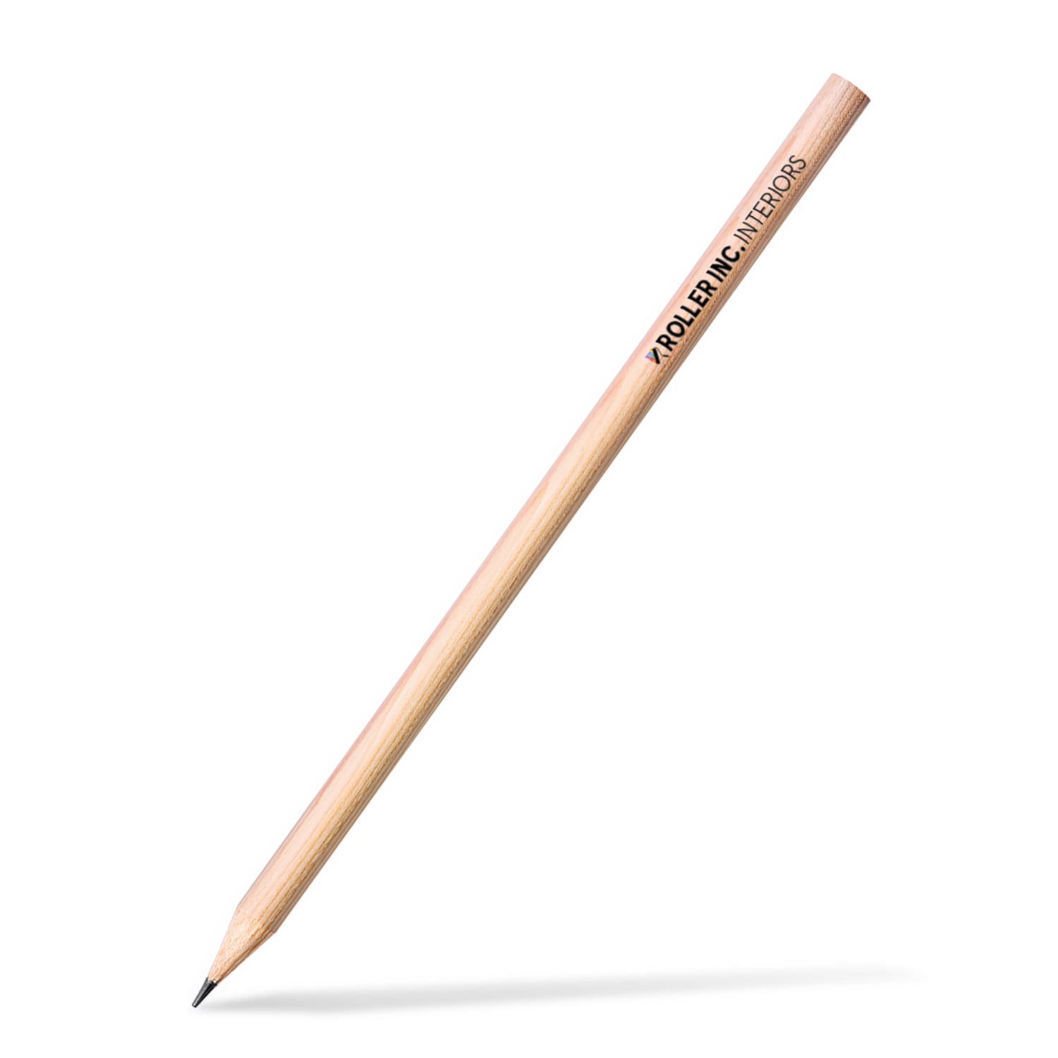 A wooden graphite pencil with a round barrel and a hexagonal tip, featuring a logo on the side.