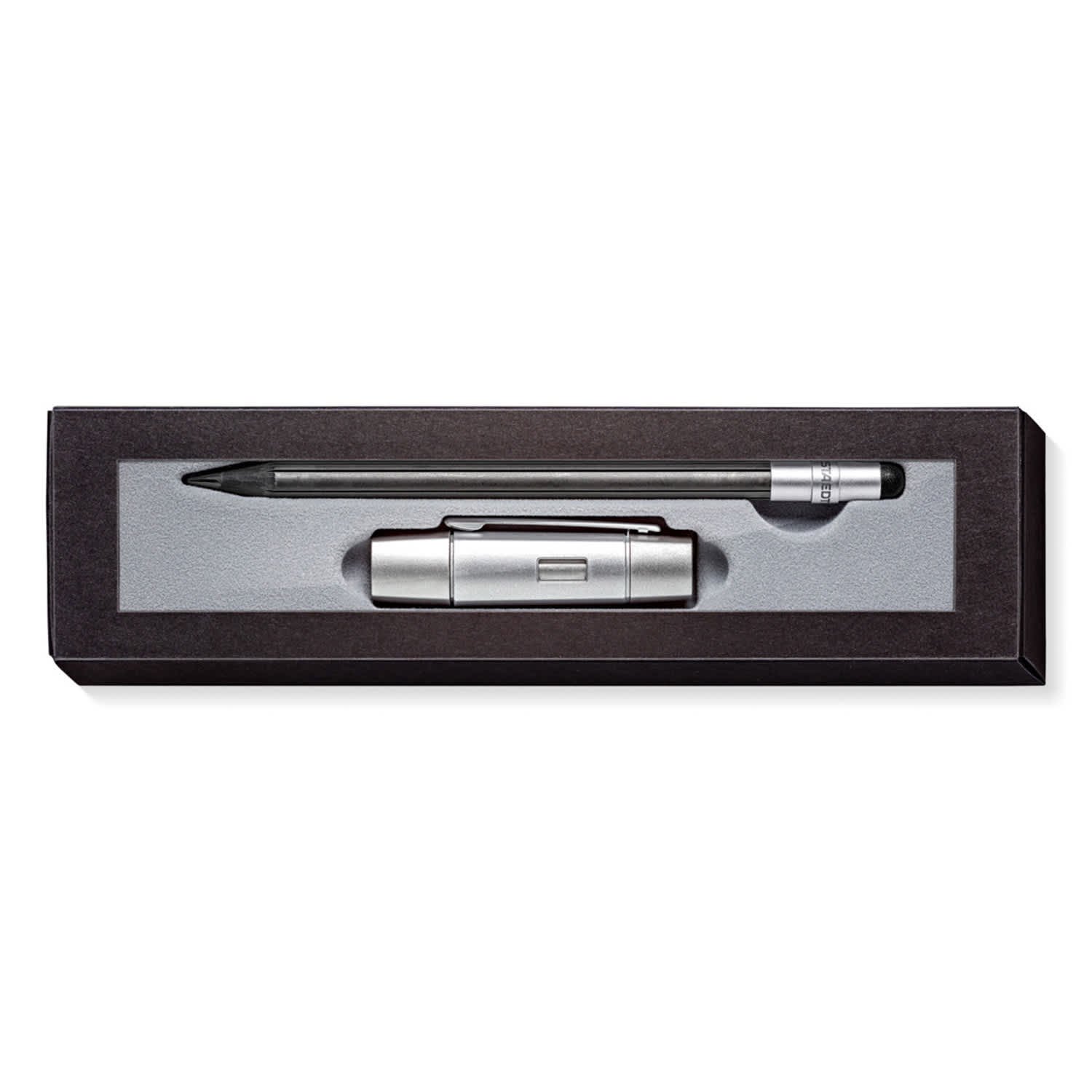 A sleek pencil set in a black box, featuring a silver pencil and a silver pen with a stylish design.